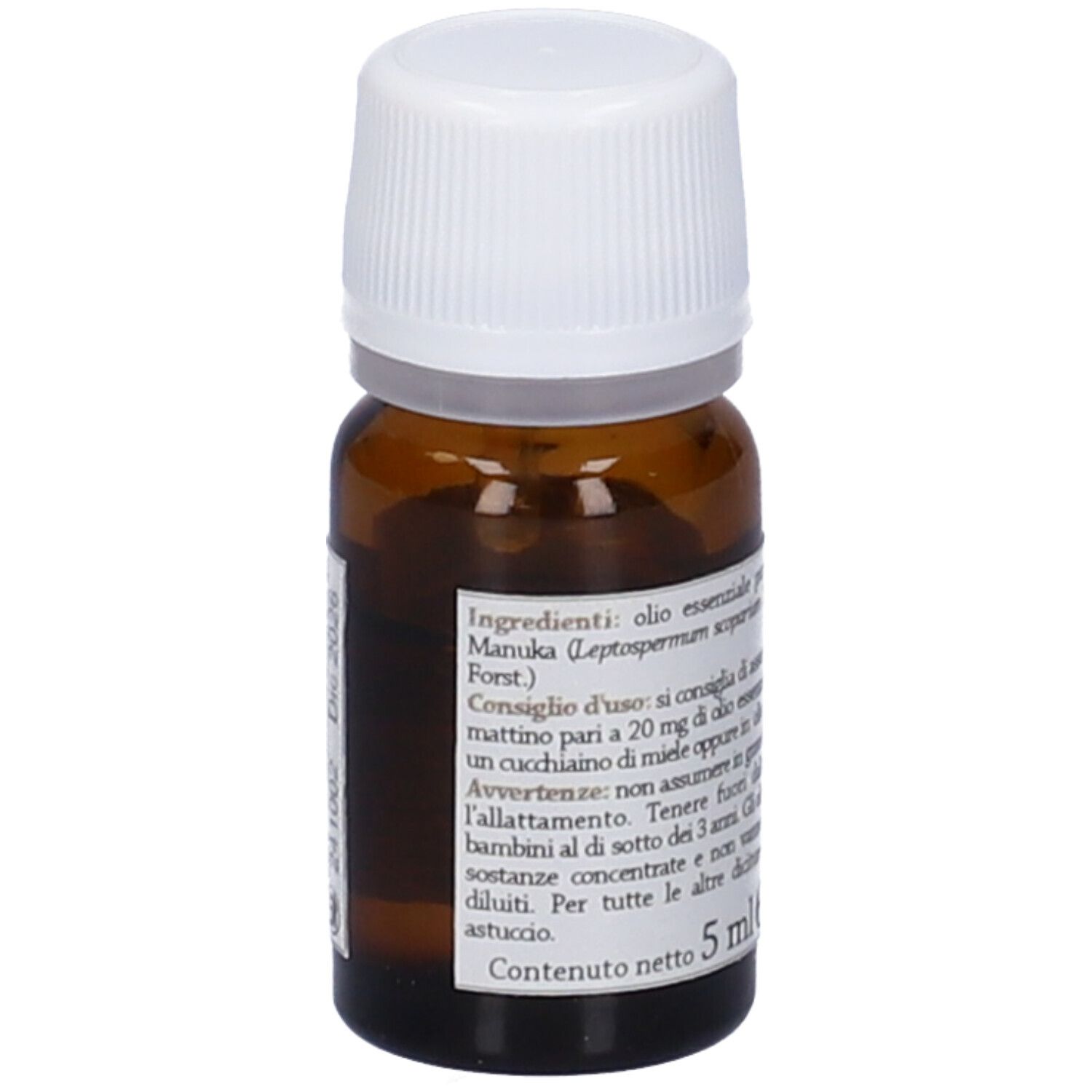 Braune Glasflasche mit weißem Deckel. Aufschrift: Manuka Oil, 5 ml. Text auf Italienisch.