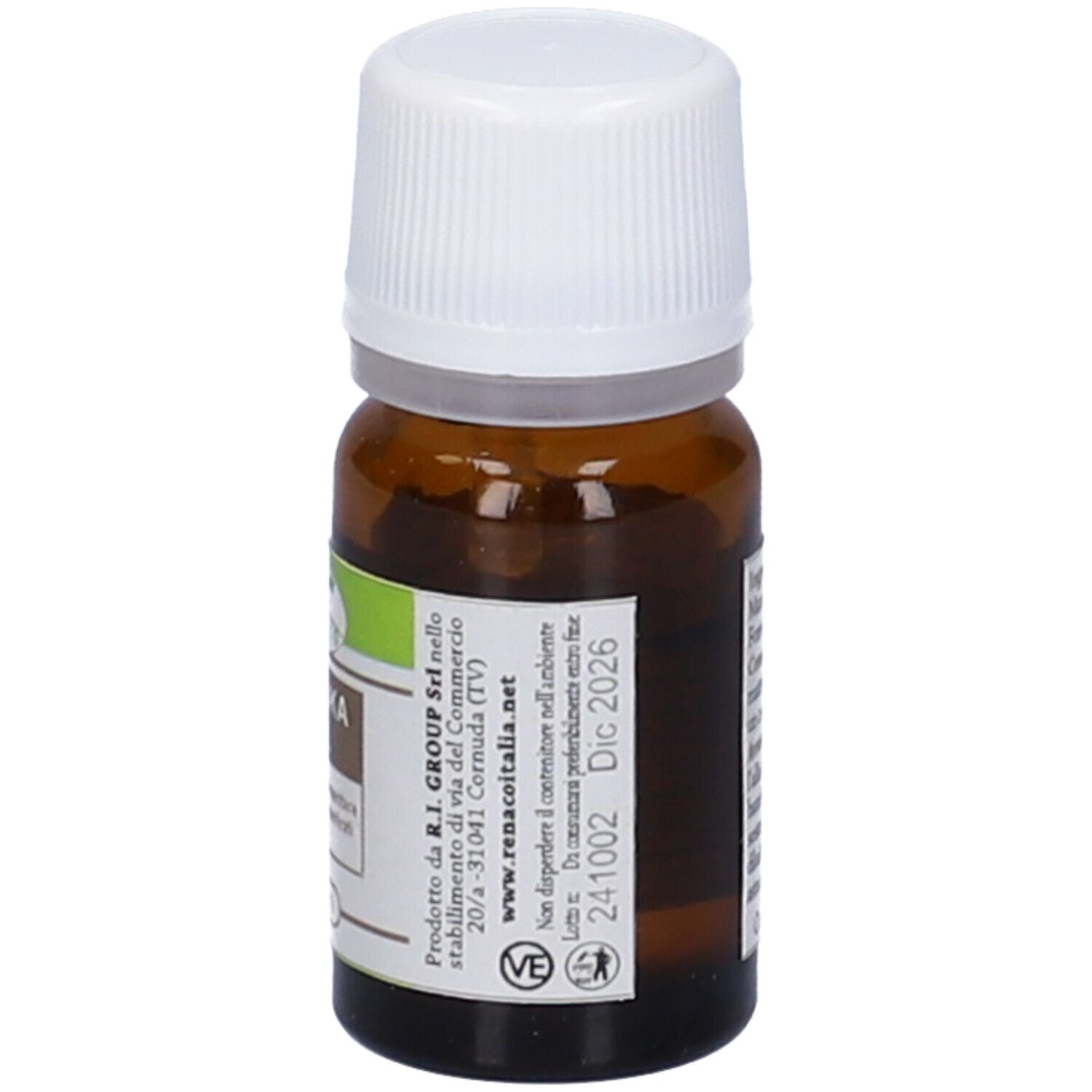 Braune Glasflasche mit weißem Deckel. Aufschrift: Manuka Oil, 5 ml. Text auf Italienisch.