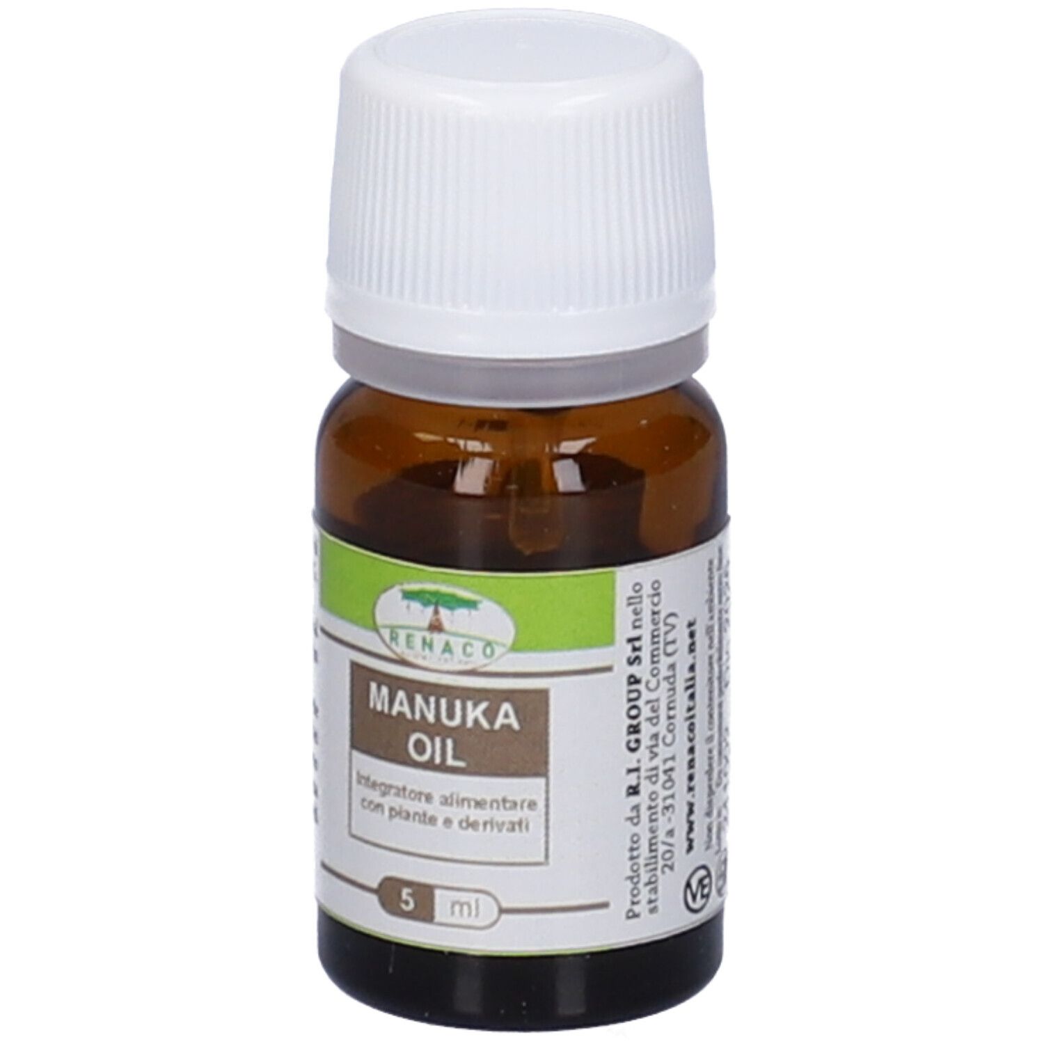 Braune Glasflasche mit weißem Deckel. Aufschrift: Manuka Oil, 5 ml. Marke: Renaco.