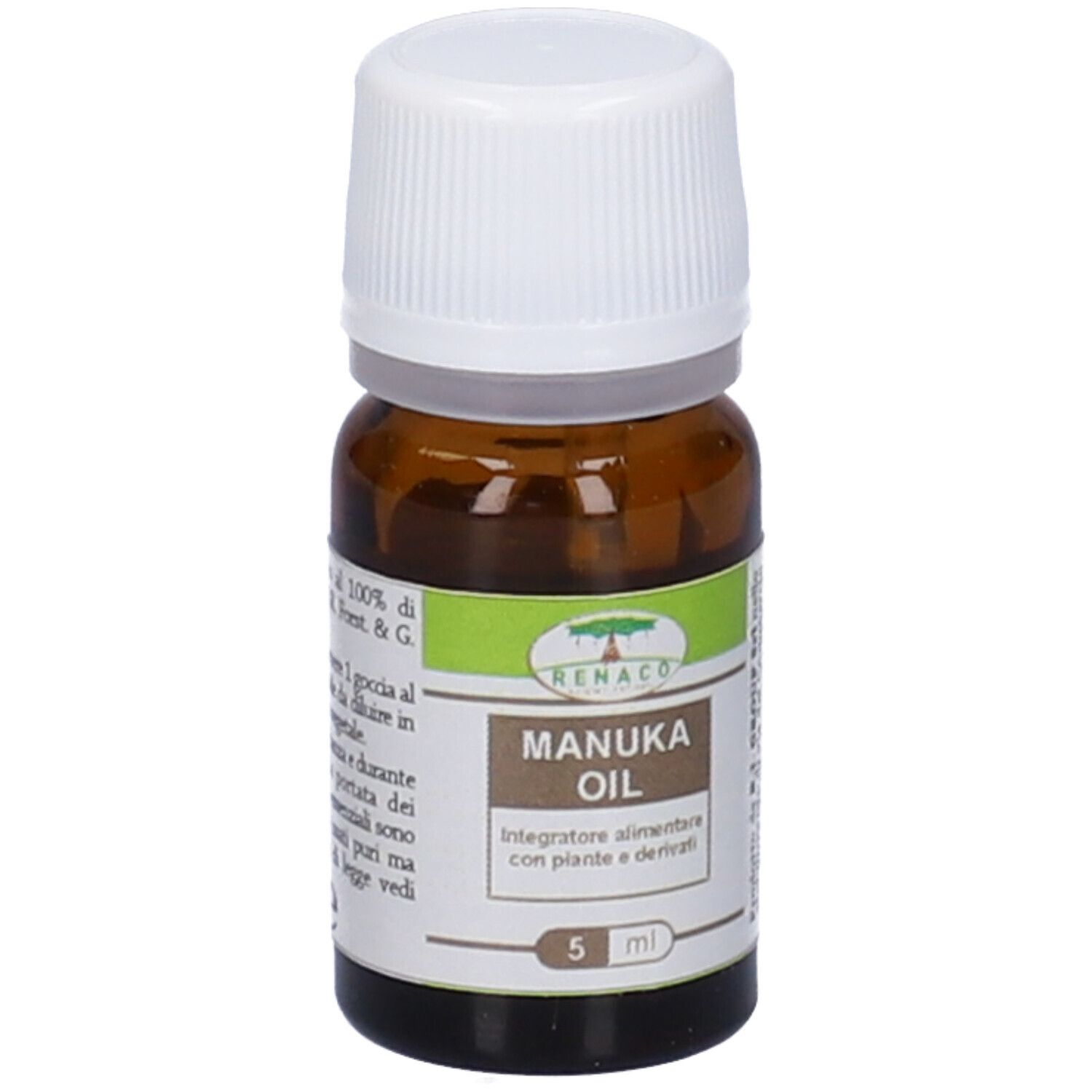 Braune Glasflasche mit weißem Deckel. Aufschrift: Manuka Oil, 5 ml. Text auf Italienisch.