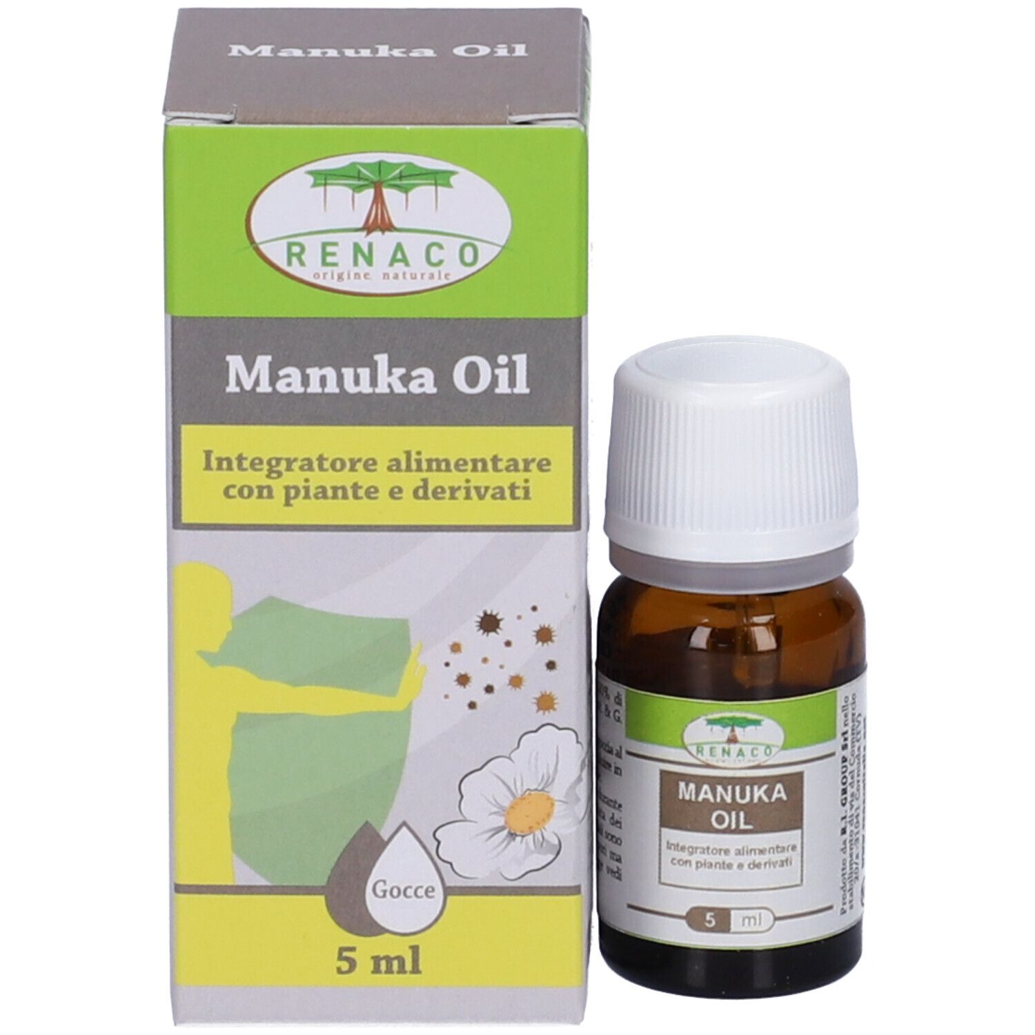 Braune Glasflasche mit weißem Deckel und Karton. Aufschrift: Manuka Oil, 5 ml. Marke: Renaco.