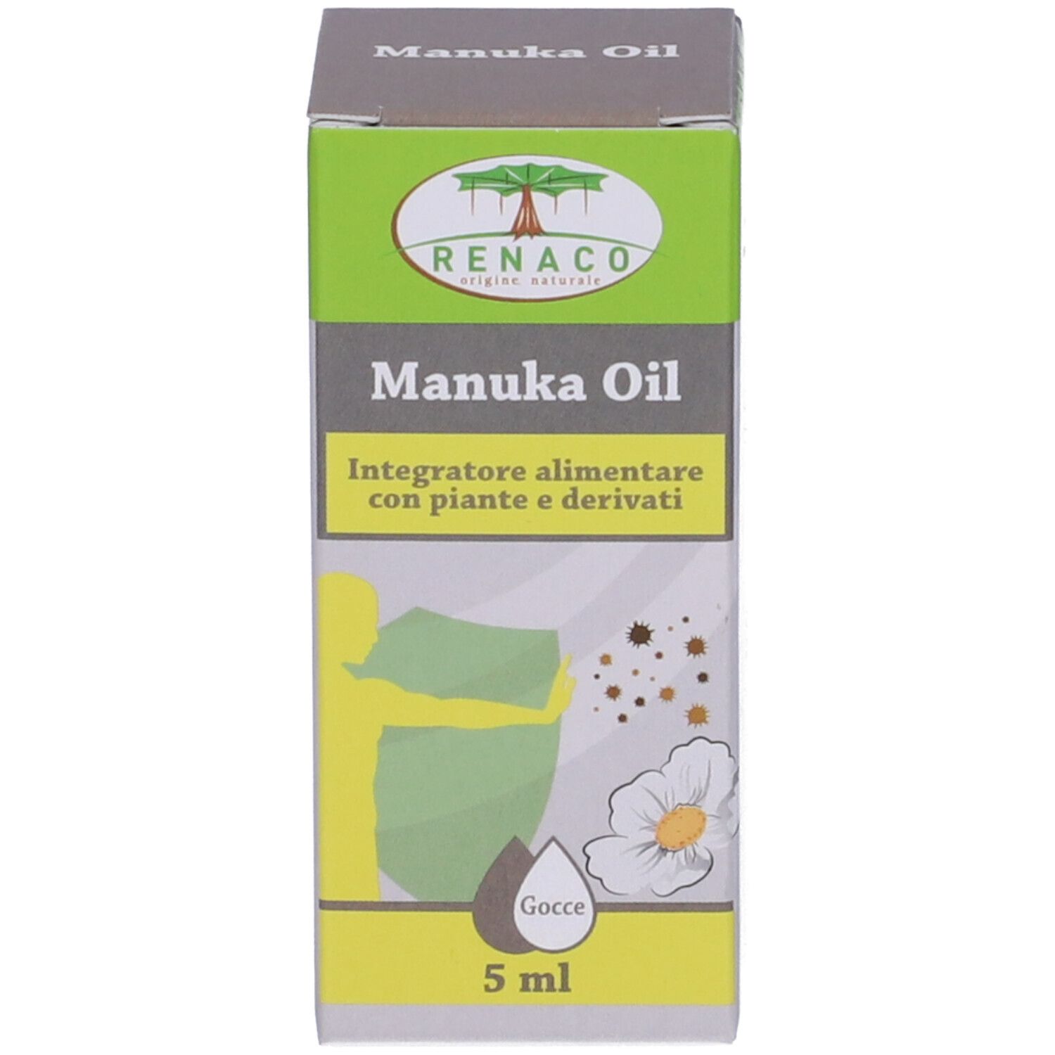 Karton mit Aufschrift Manuka Oil, 5 ml. Braune Glasflasche mit weißem Deckel daneben.