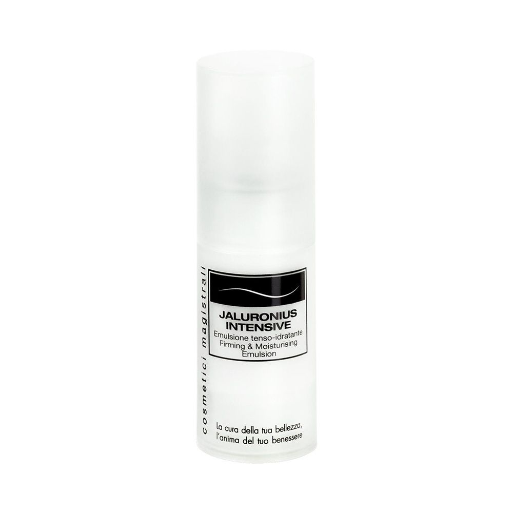 Flacon blanc avec étiquette. Texte: Jaluronius Intensive, Emulsion, Firming & Moisturising. Cosmetici magistrali.