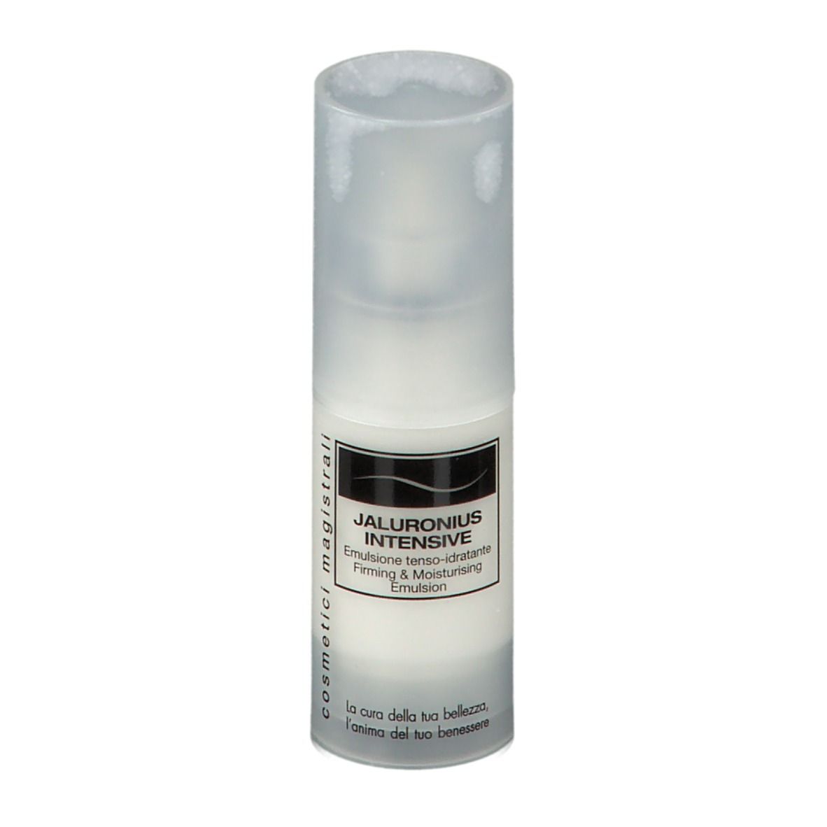 Flacon blanc avec étiquette. Texte: Jaluronius Intensive, Emulsion, Firming & Moisturising. Cosmetici magistrali.