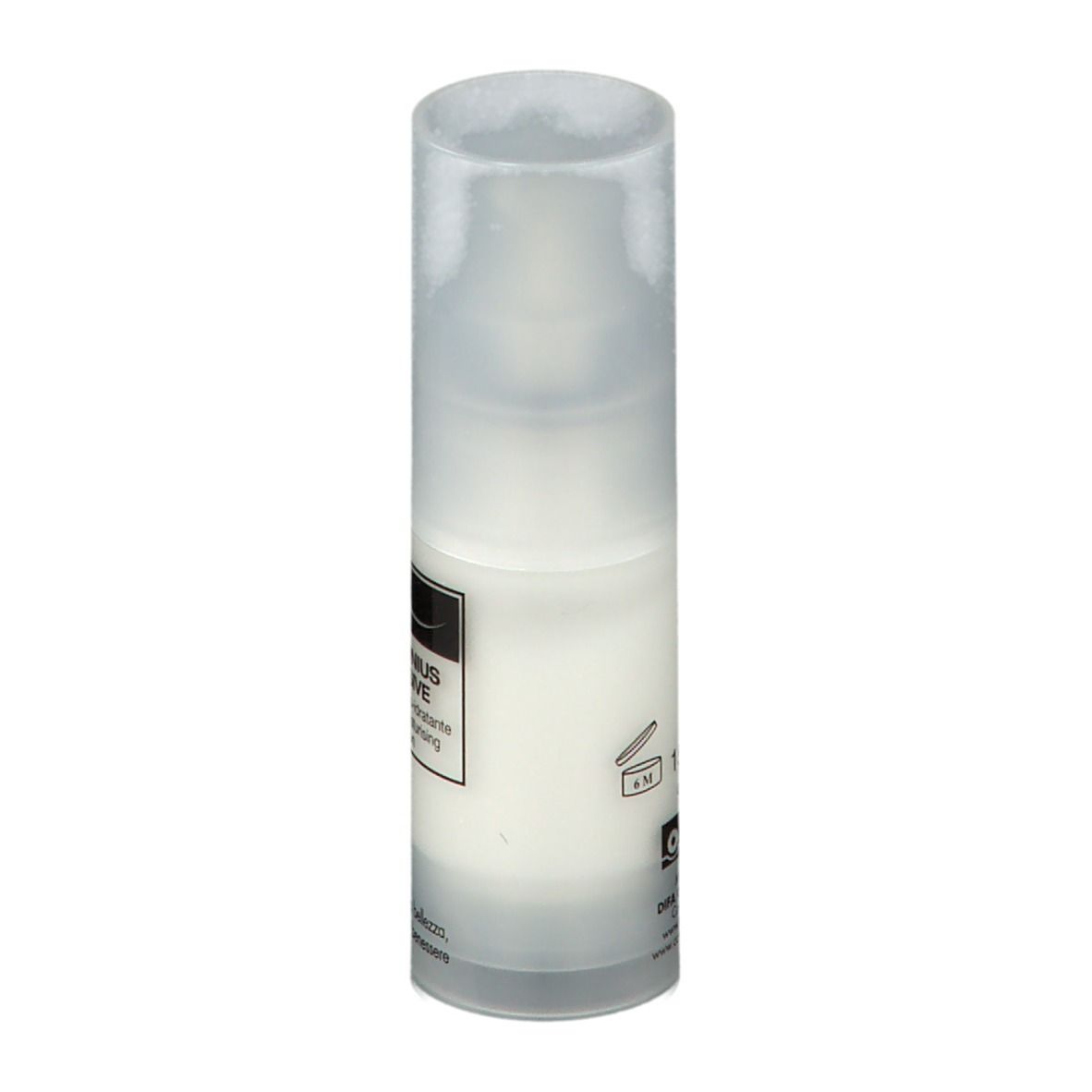 Flacon blanc avec étiquette. Texte: Jaluronius Intensive, Emulsion, Firming & Moisturising. Cosmetici magistrali.