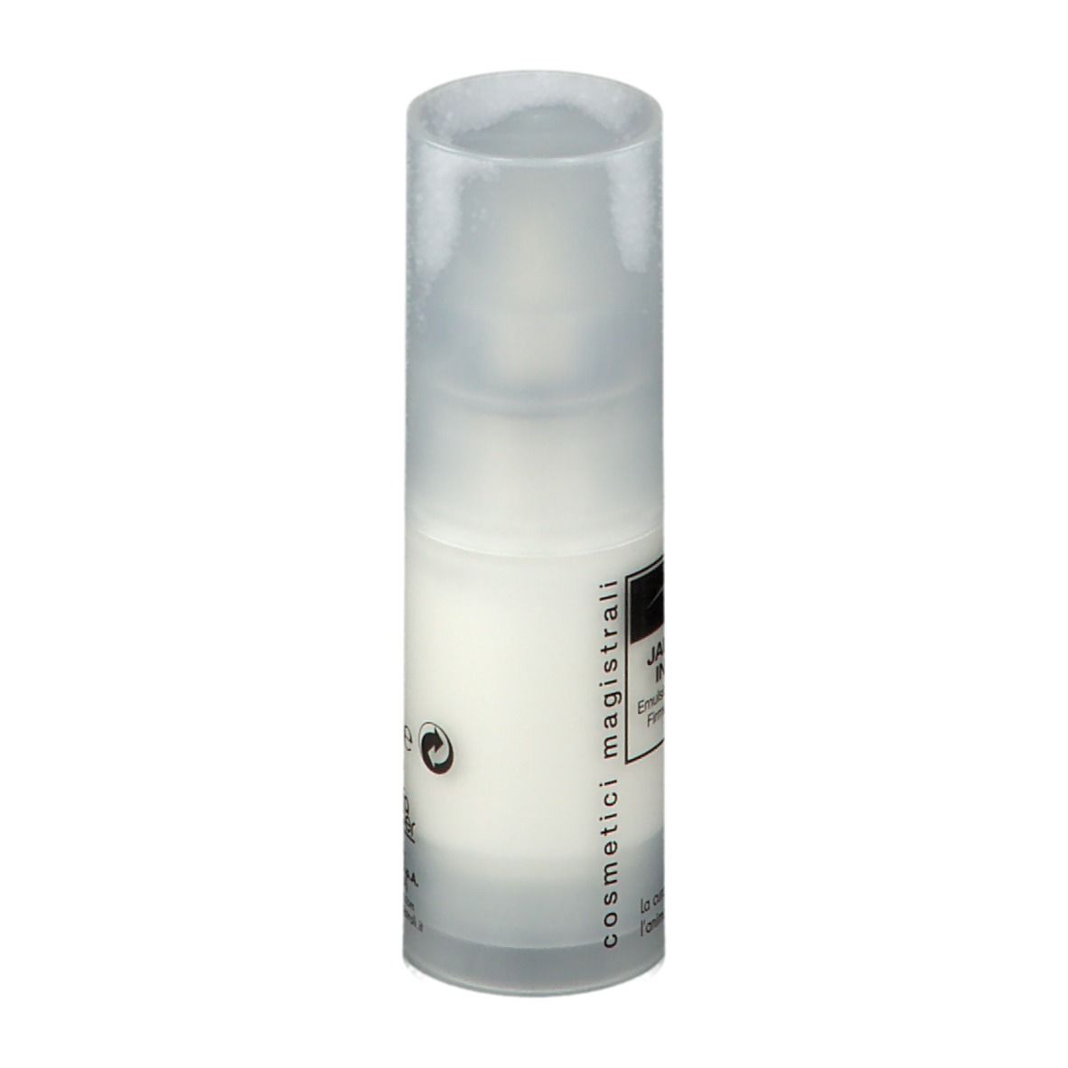 Flacon blanc avec étiquette. Texte: Jaluronius Intensive, Emulsion, Firming & Moisturising. Cosmetici magistrali.