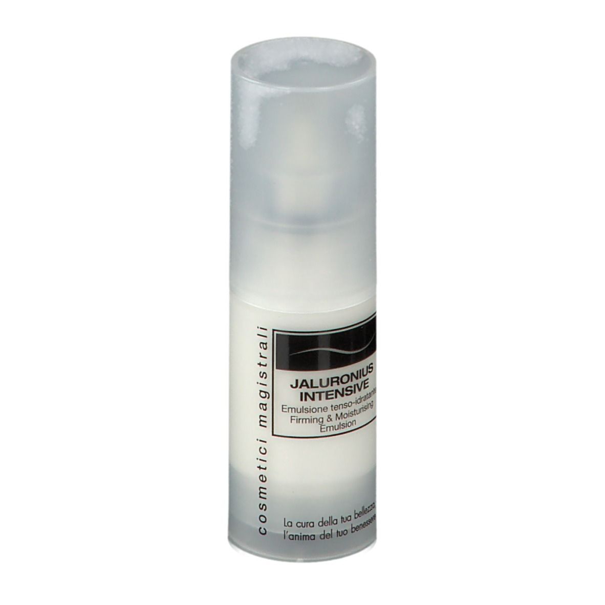 Flacon blanc avec étiquette. Texte: Jaluronius Intensive, Emulsion, Firming & Moisturising. Cosmetici magistrali.