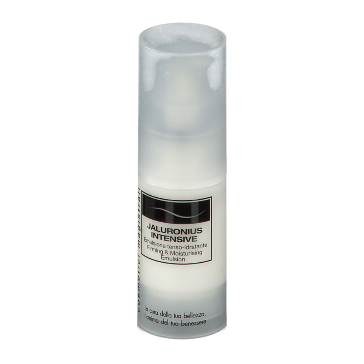 Flacon blanc avec étiquette. Texte: Jaluronius Intensive, Emulsion, Firming & Moisturising. Cosmetici magistrali.