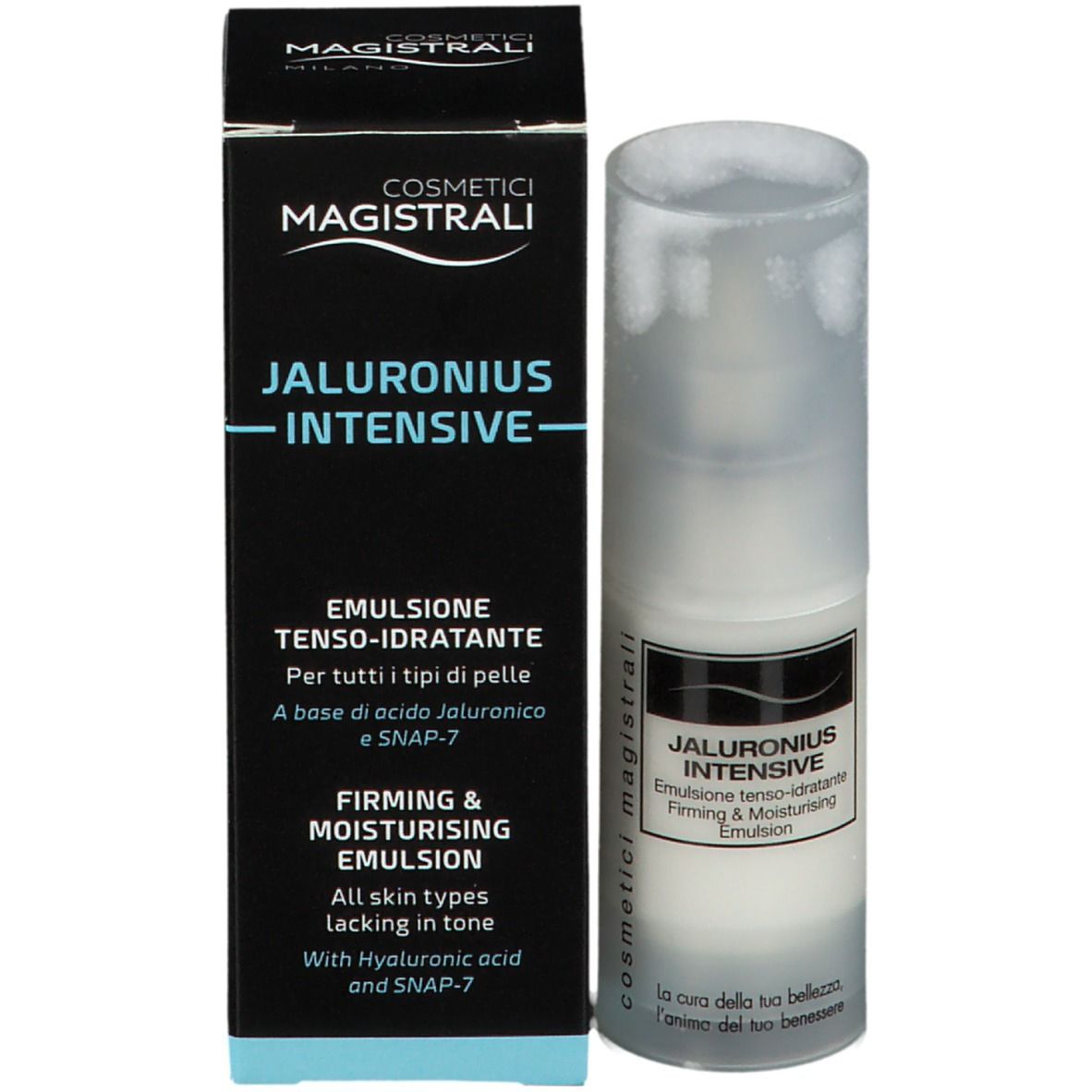 Emballage produit avec flacon. Texte: Jaluronius Intensive, Emulsion, Firming & Moisturising. Cosmetici magistrali.
