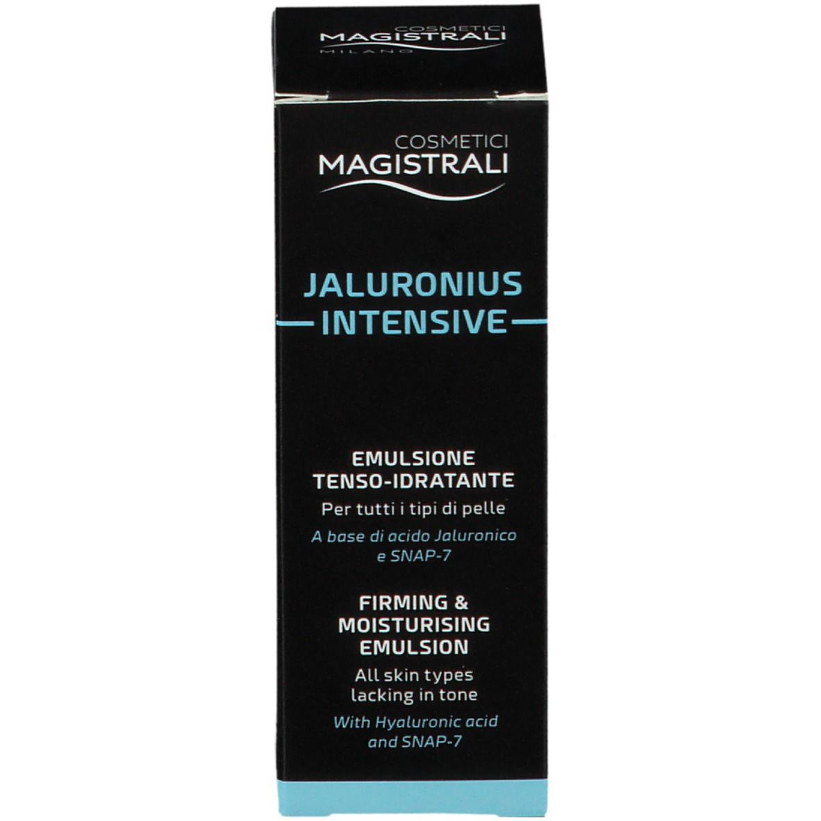 Emballage produit. Texte: Jaluronius Intensive, Emulsion, Firming & Moisturising. Cosmetici magistrali.
