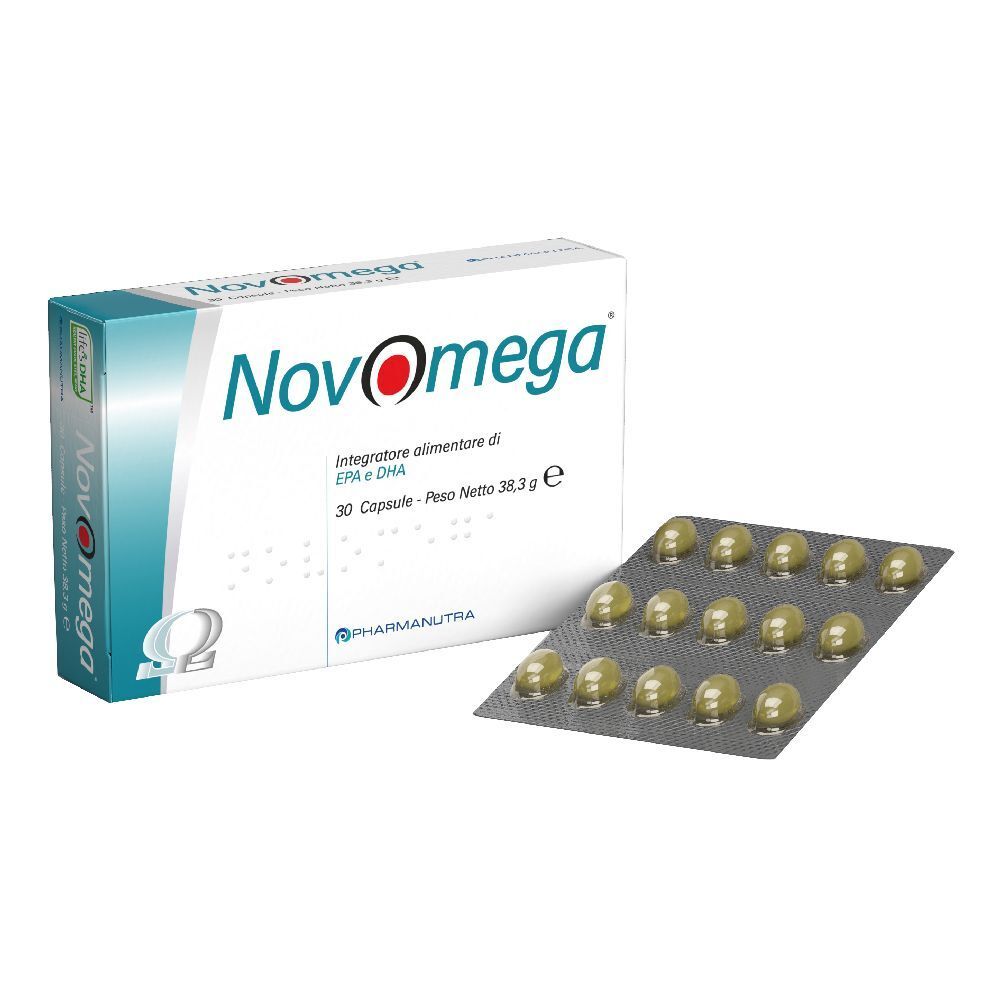 Scatola e blister di capsule. Scritta NovOmega, 30 capsule, EPA e DHA. Logo PharmaNutra.