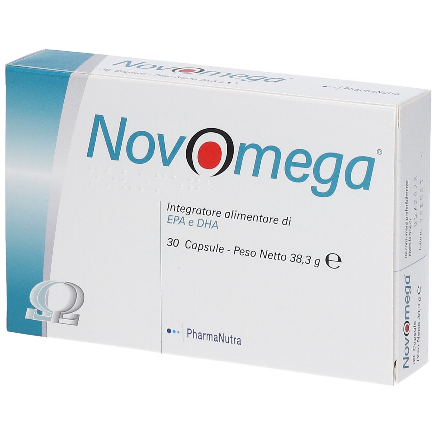 Scatola bianca con logo NovOmega, 30 capsule, EPA e DHA. Logo PharmaNutra. Striscia blu in alto.