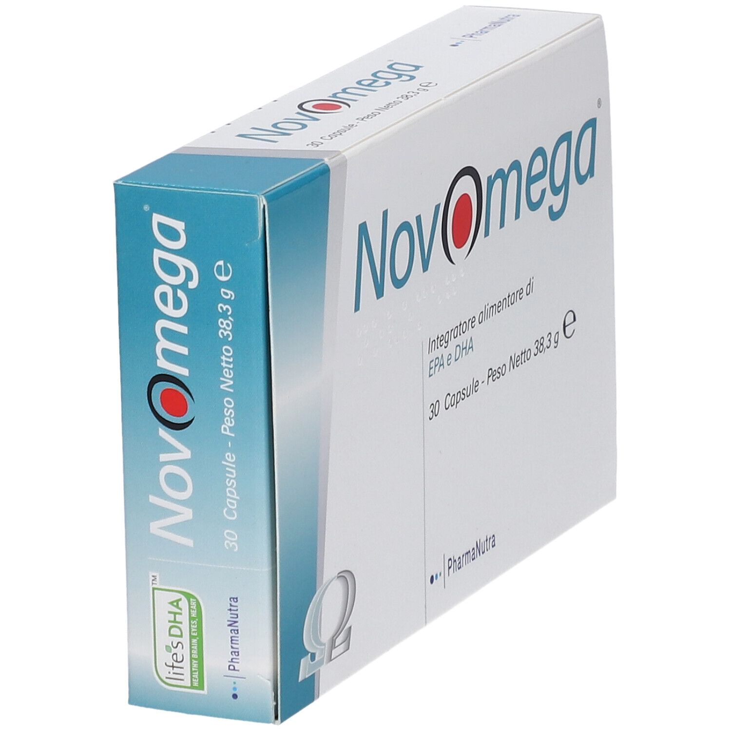 Scatola con logo NovOmega, 30 capsule, EPA e DHA. Logo PharmaNutra. Colori blu e bianco.