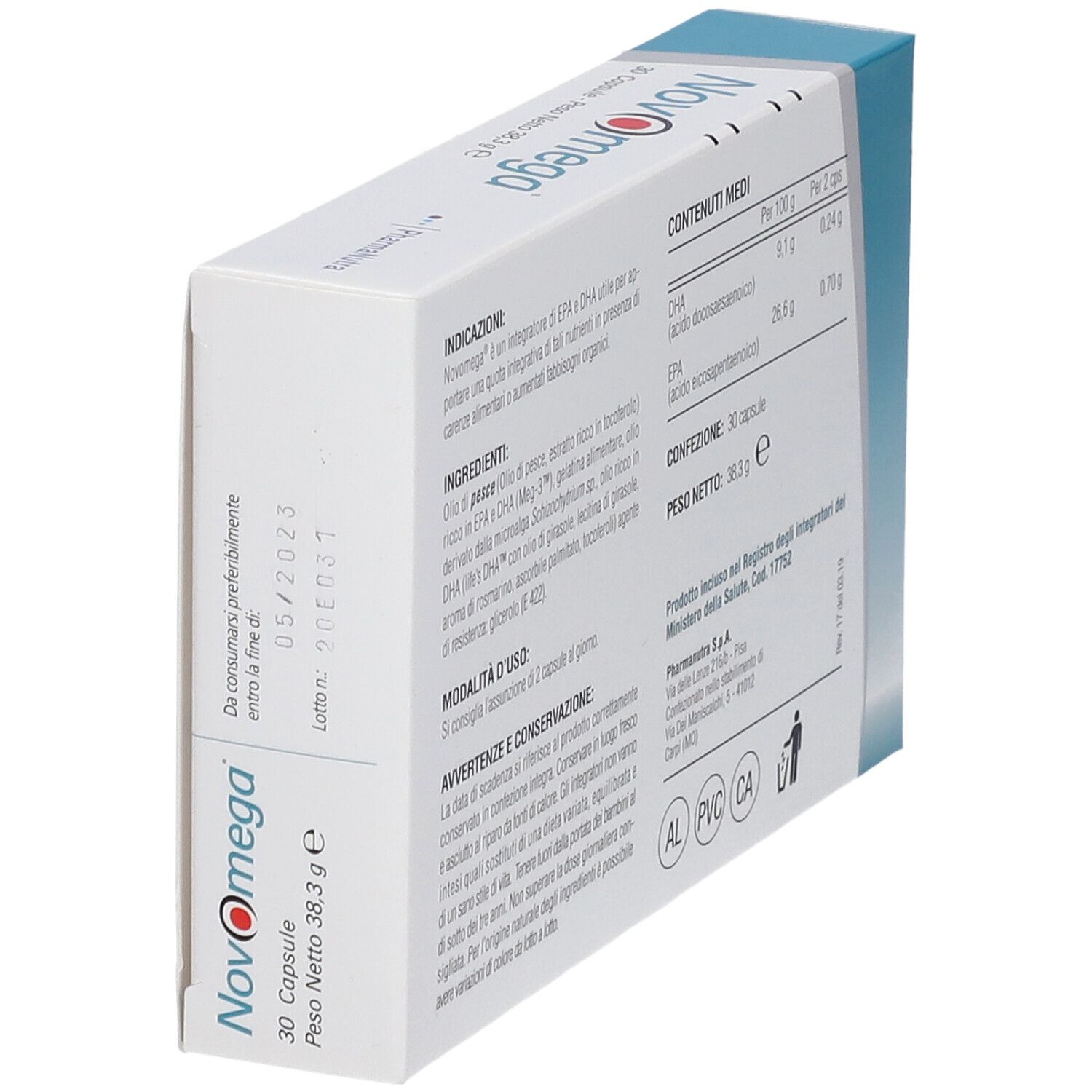 Scatola con logo NovOmega, 30 capsule, EPA e DHA. Contiene informazioni e data di scadenza.