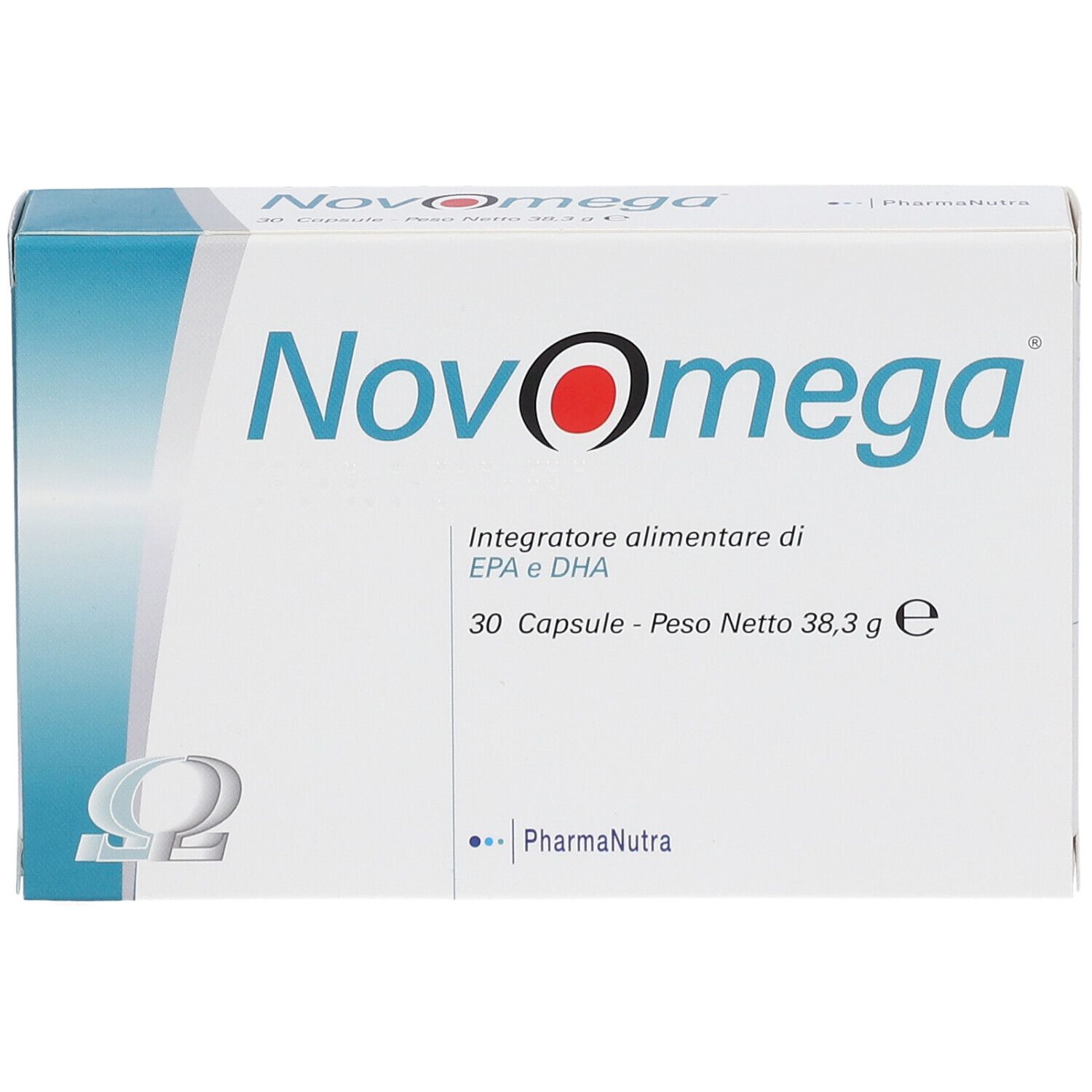 Scatola bianca con logo NovOmega, 30 capsule, EPA e DHA. Logo PharmaNutra. Colori blu e bianco.