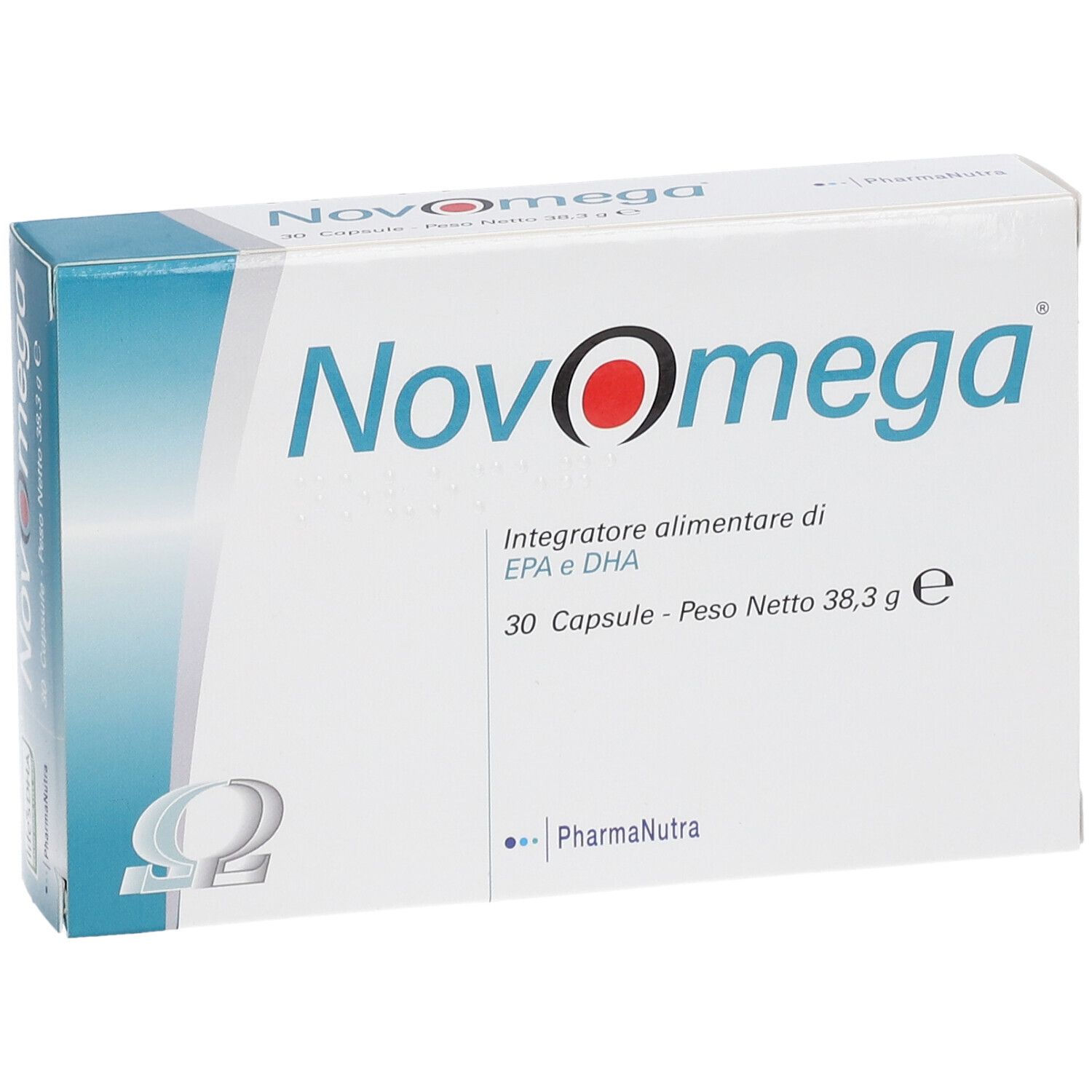 Scatola bianca con logo NovOmega, 30 capsule, EPA e DHA. Logo PharmaNutra. Colori blu e bianco.