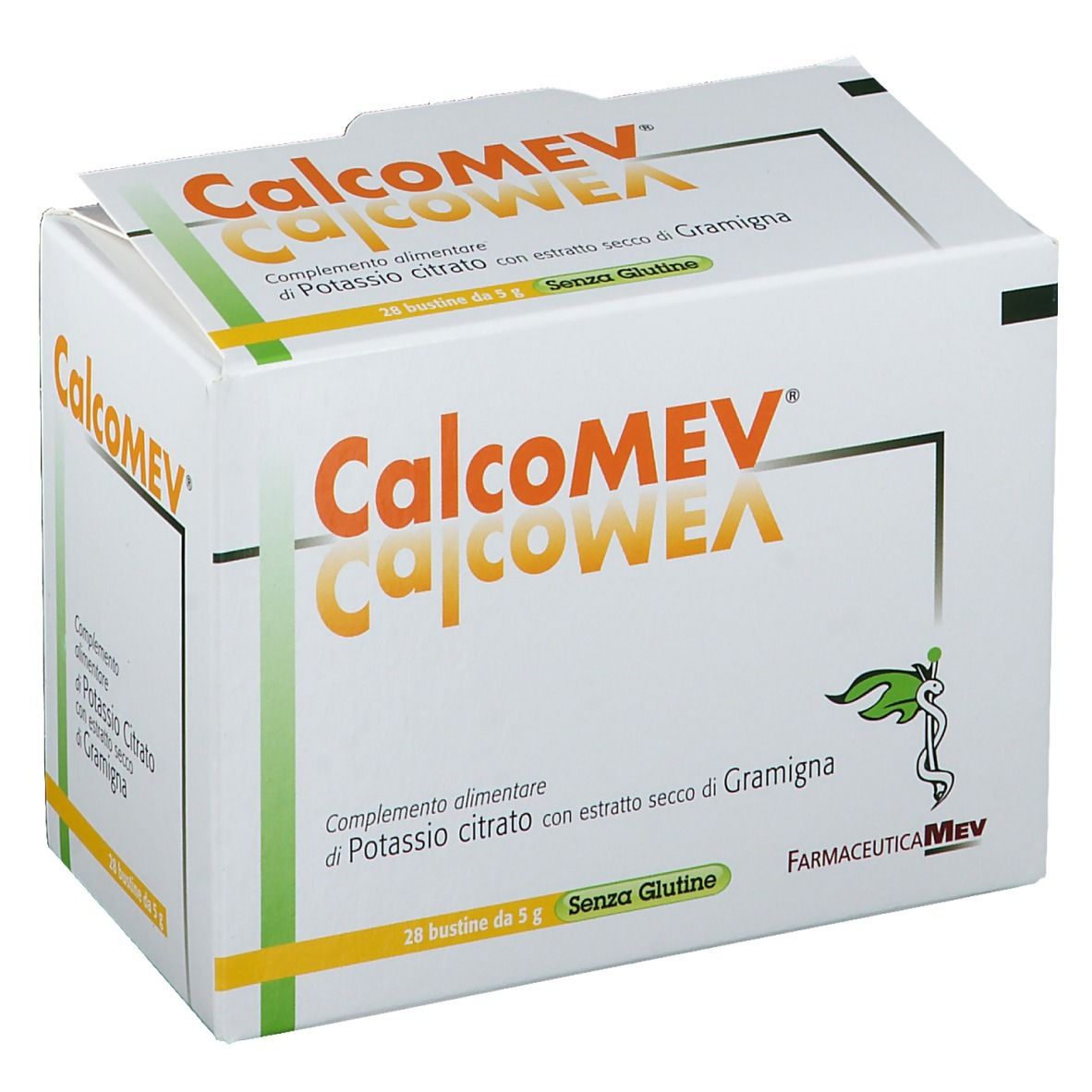 Scatola CalcoMEV. Scritta arancione. 28 bustine. Senza glutine. Logo FarmaceuticaMEV.