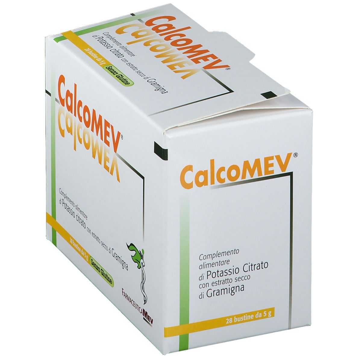 Scatola CalcoMEV. Scritta arancione. 28 bustine. Senza glutine. Logo FarmaceuticaMEV.