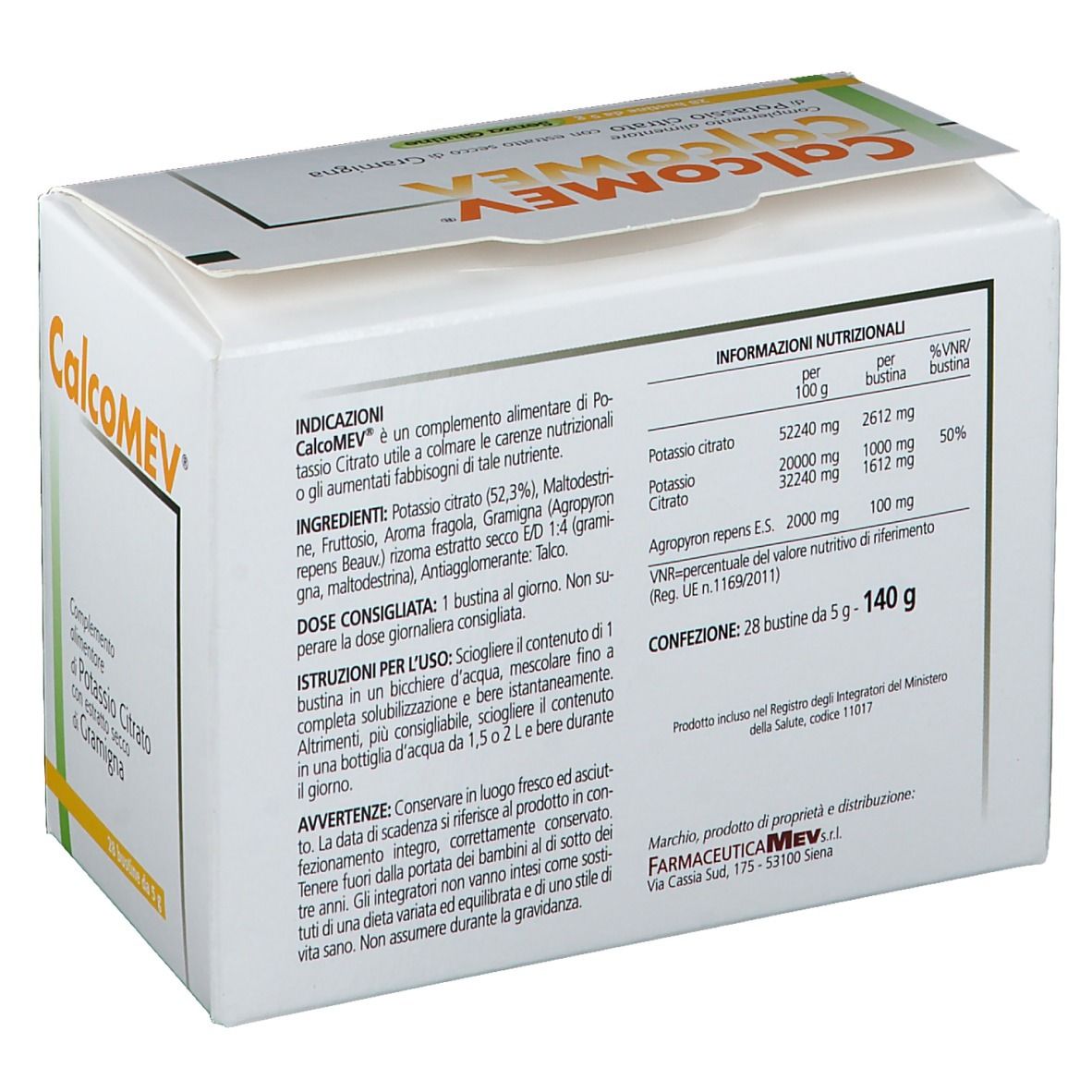 Retro scatola CalcoMEV. Testo italiano. 28 bustine. Informazioni nutrizionali. Logo FarmaceuticaMEV.