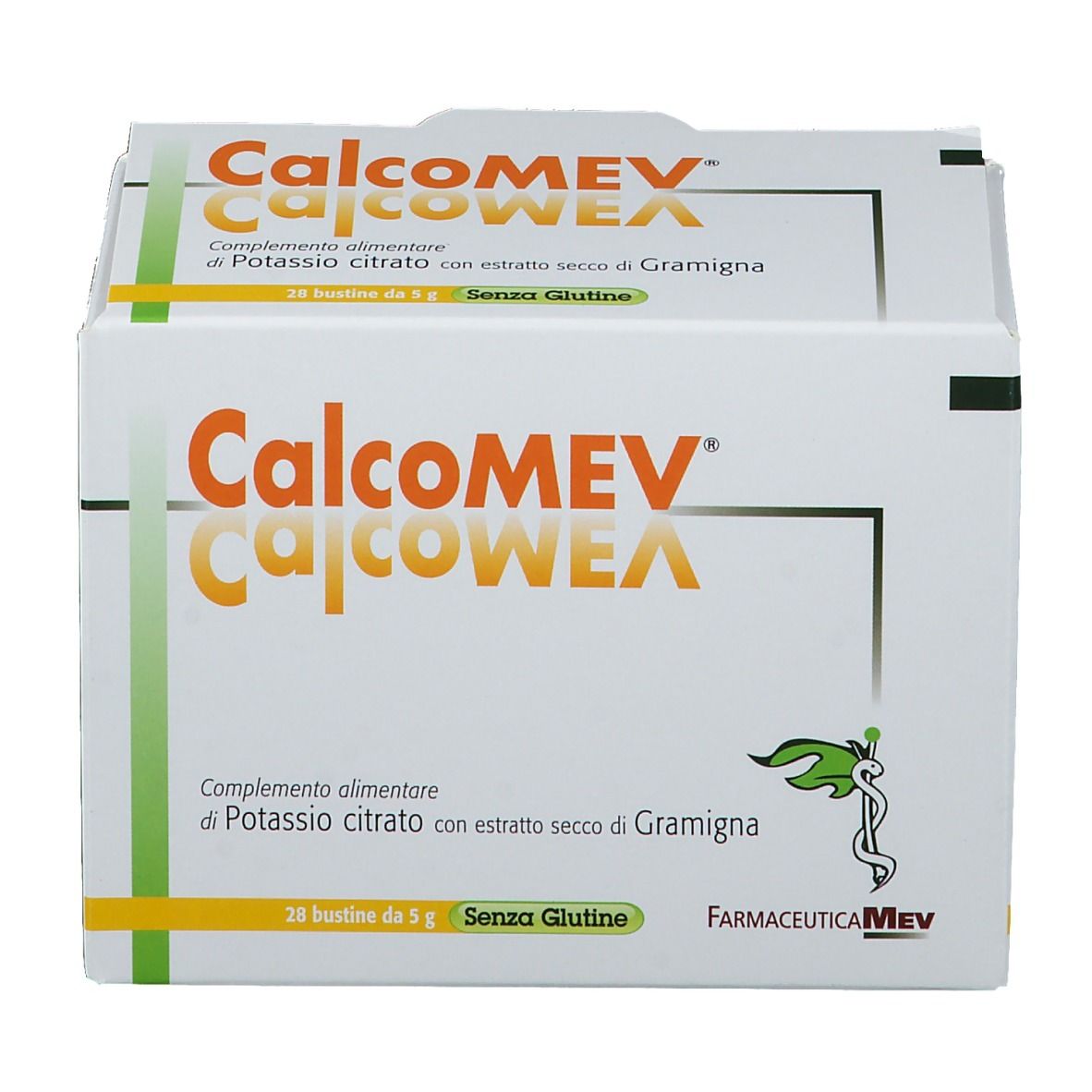 Scatola CalcoMEV. Scritta arancione. 28 bustine. Senza glutine. Logo FarmaceuticaMEV.