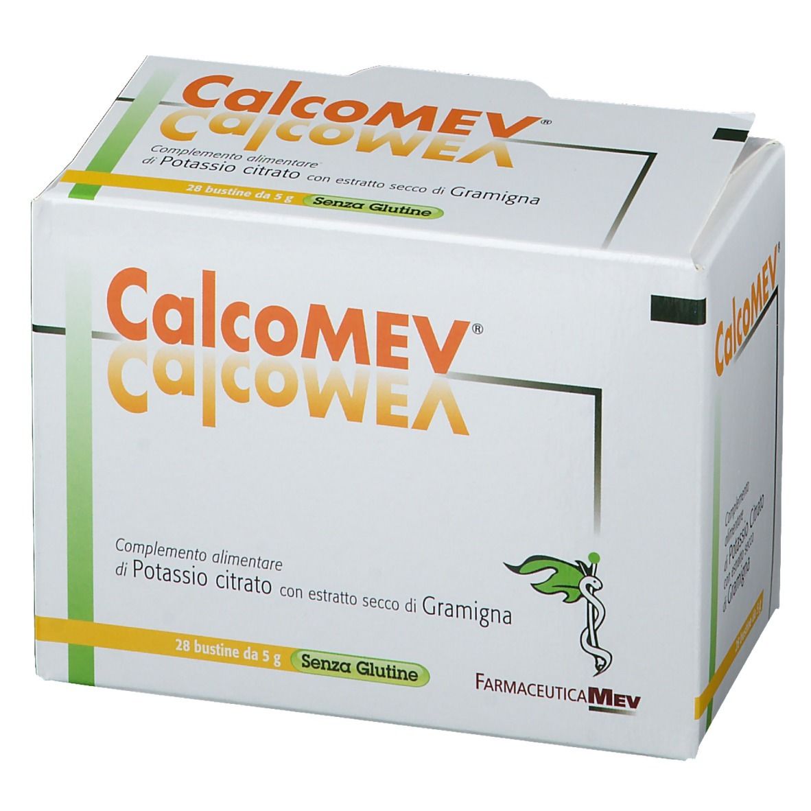 Scatola CalcoMEV. Scritta arancione. 28 bustine. Senza glutine. Logo FarmaceuticaMEV.