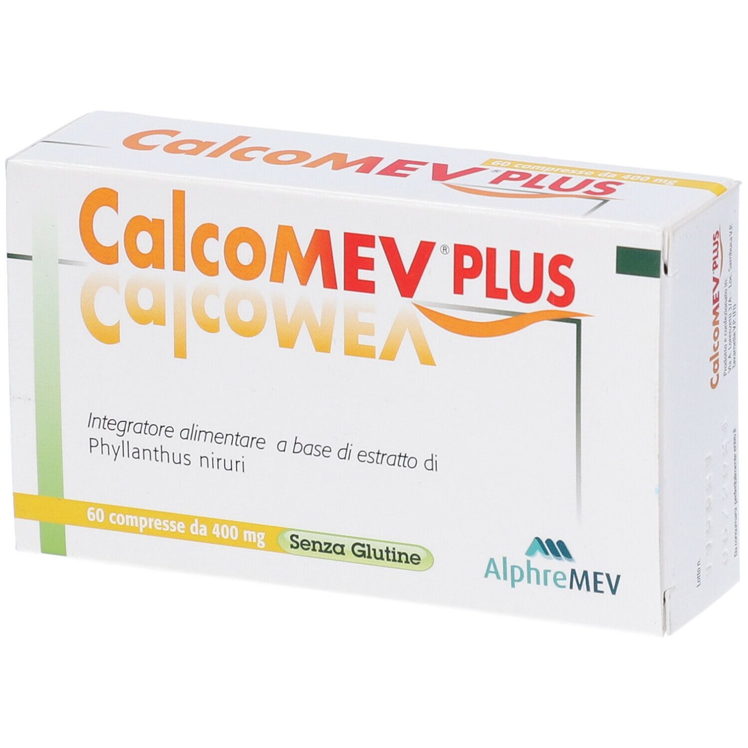 Confezione del prodotto. Scritta: Calcomev Plus. 60 compresse. Senza glutine. Accenti arancioni e gialli.