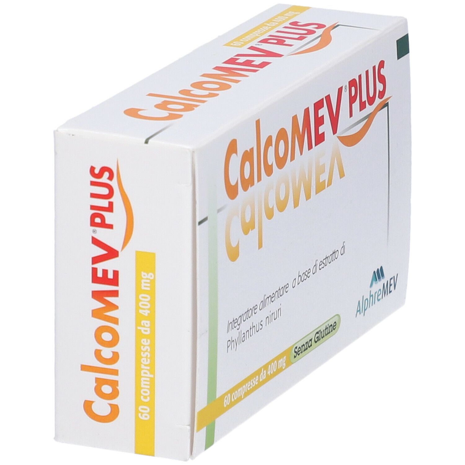 Confezione del prodotto. Scritta: Calcomev Plus. 60 compresse. Senza glutine. Accenti arancioni e gialli.