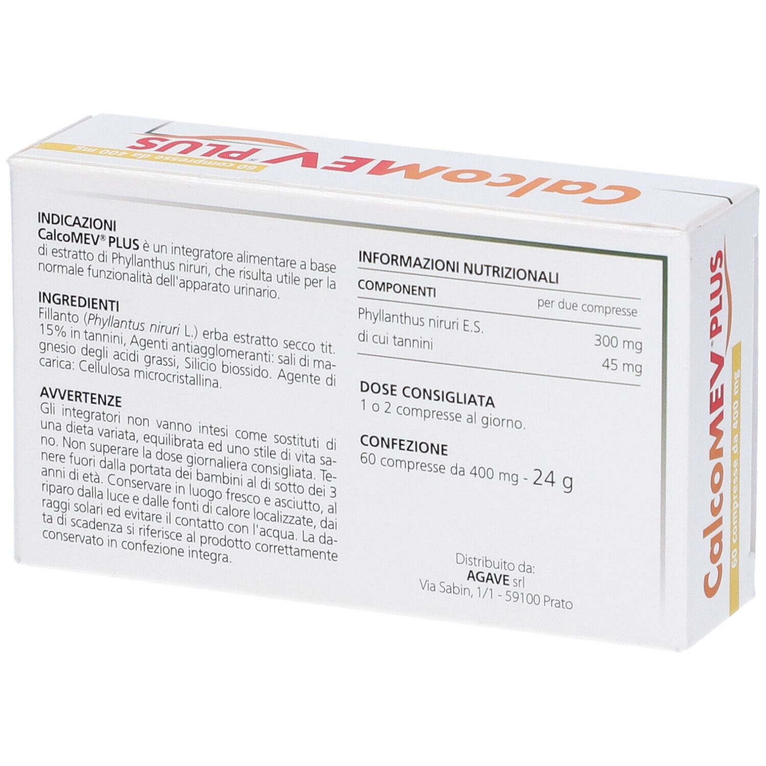 Confezione del prodotto. Scritta: Calcomev Plus. Retro con ingredienti e dosaggio. Sfondo bianco.