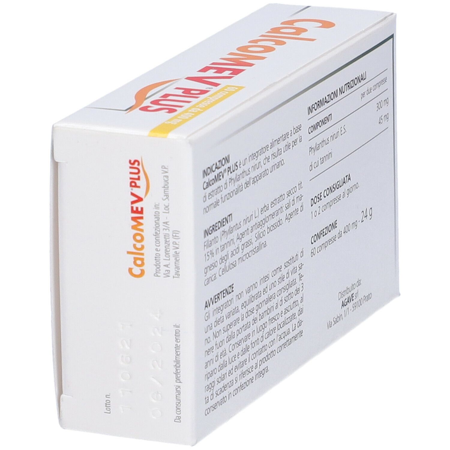 Confezione del prodotto. Scritta: Calcomev Plus. Retro con ingredienti e dosaggio. Sfondo bianco.