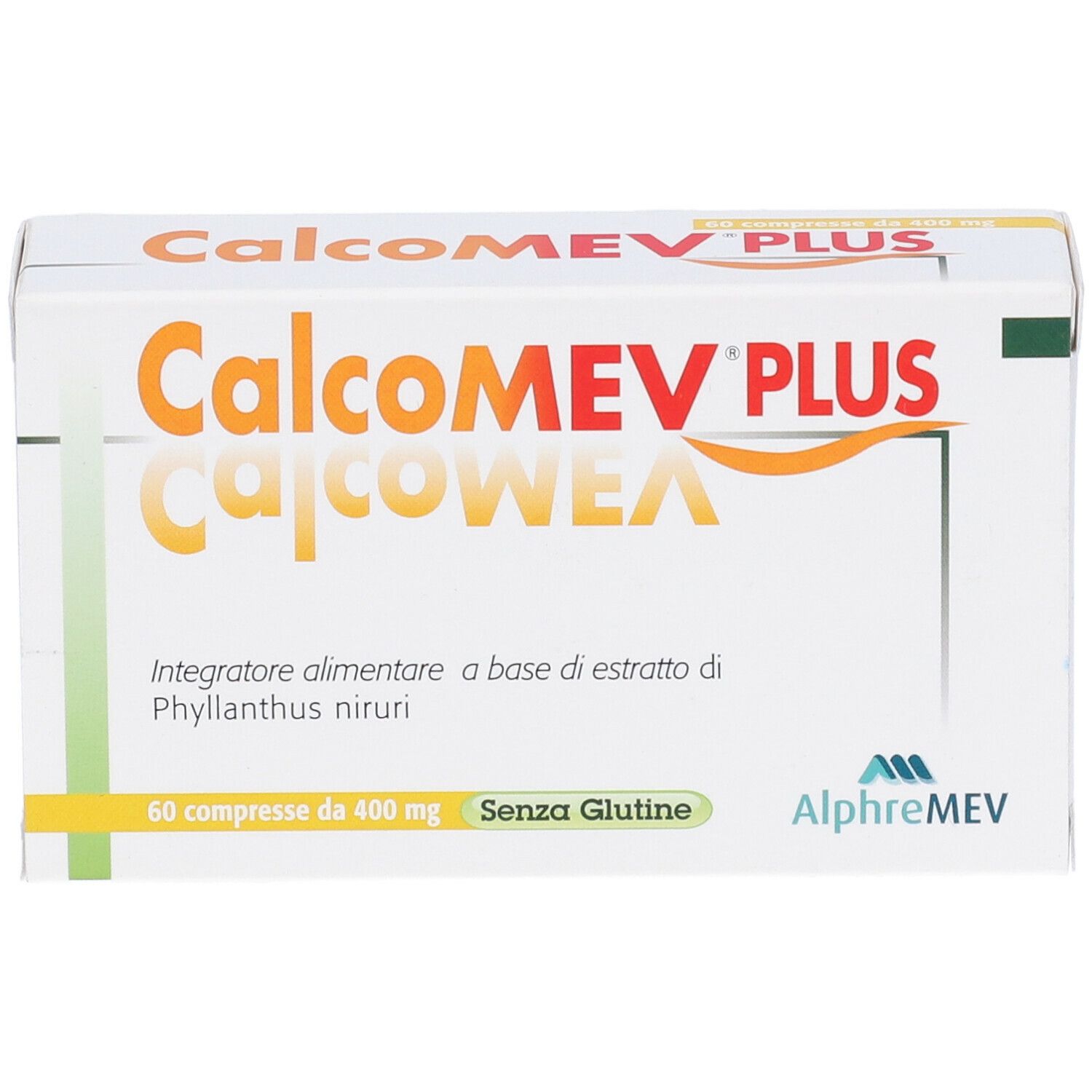 Confezione del prodotto. Scritta: Calcomev Plus. 60 compresse. Senza glutine. Accenti arancioni e gialli.