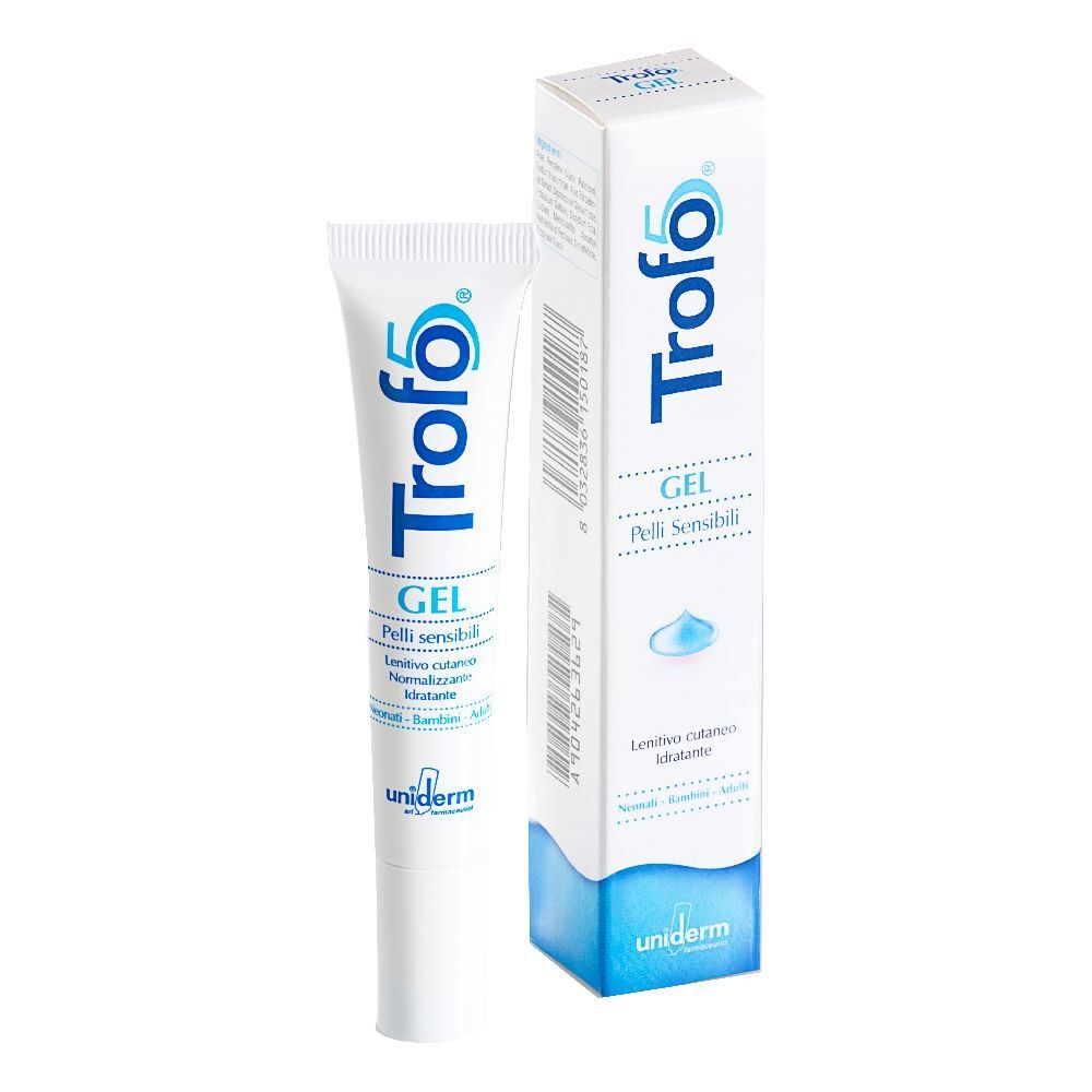 Tubo e scatola bianchi con testo blu. Il tubo indica "Trofo5 Gel". Scatola con informazioni sul prodotto.