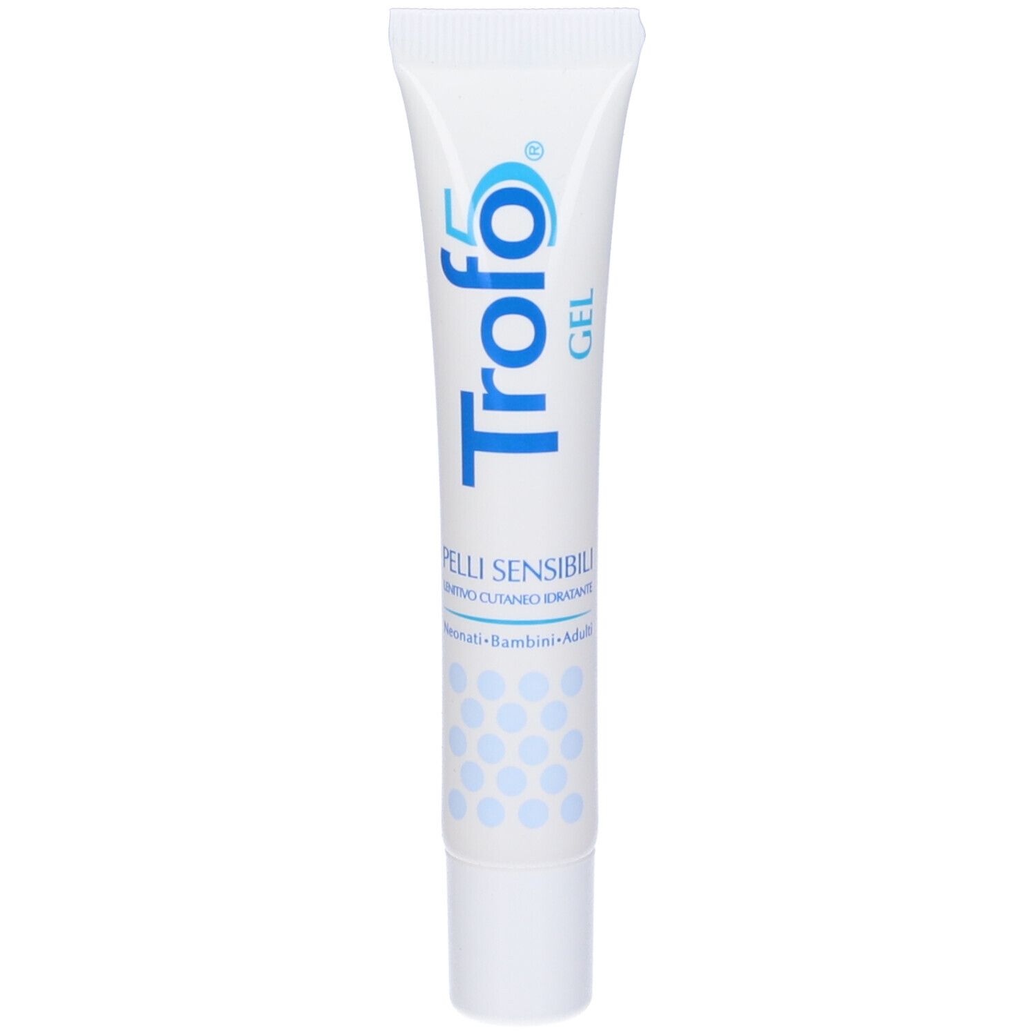 Tubo bianco con testo blu "Trofo5 Gel". Testo: Pelli Sensibili, Lenitivo Cutaneo, Idratante. Per bambini e adulti.