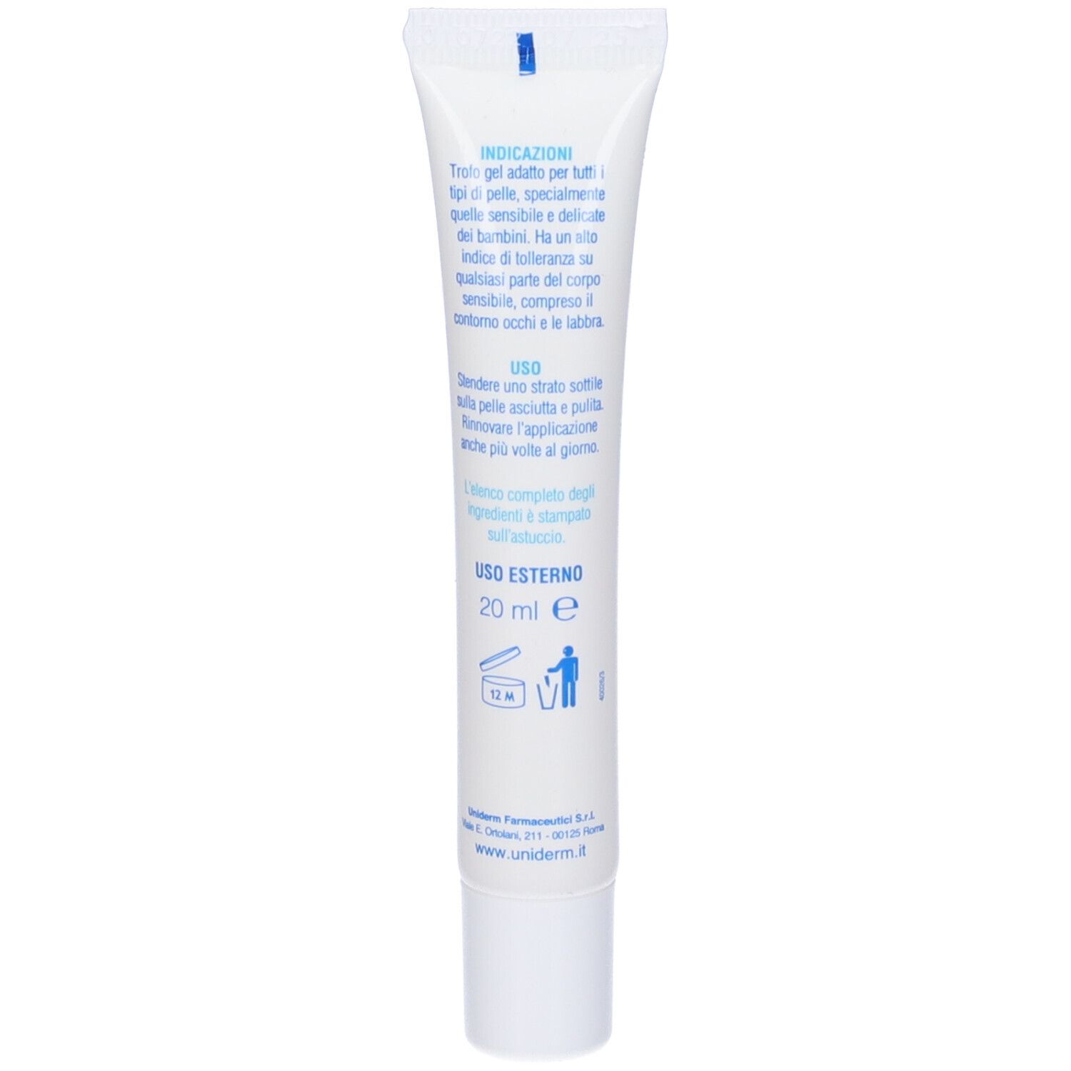 Retro di un tubo bianco. Testo: Uso Esterno, 20 ml. Pittogramma bidone. Informazioni sul prodotto.