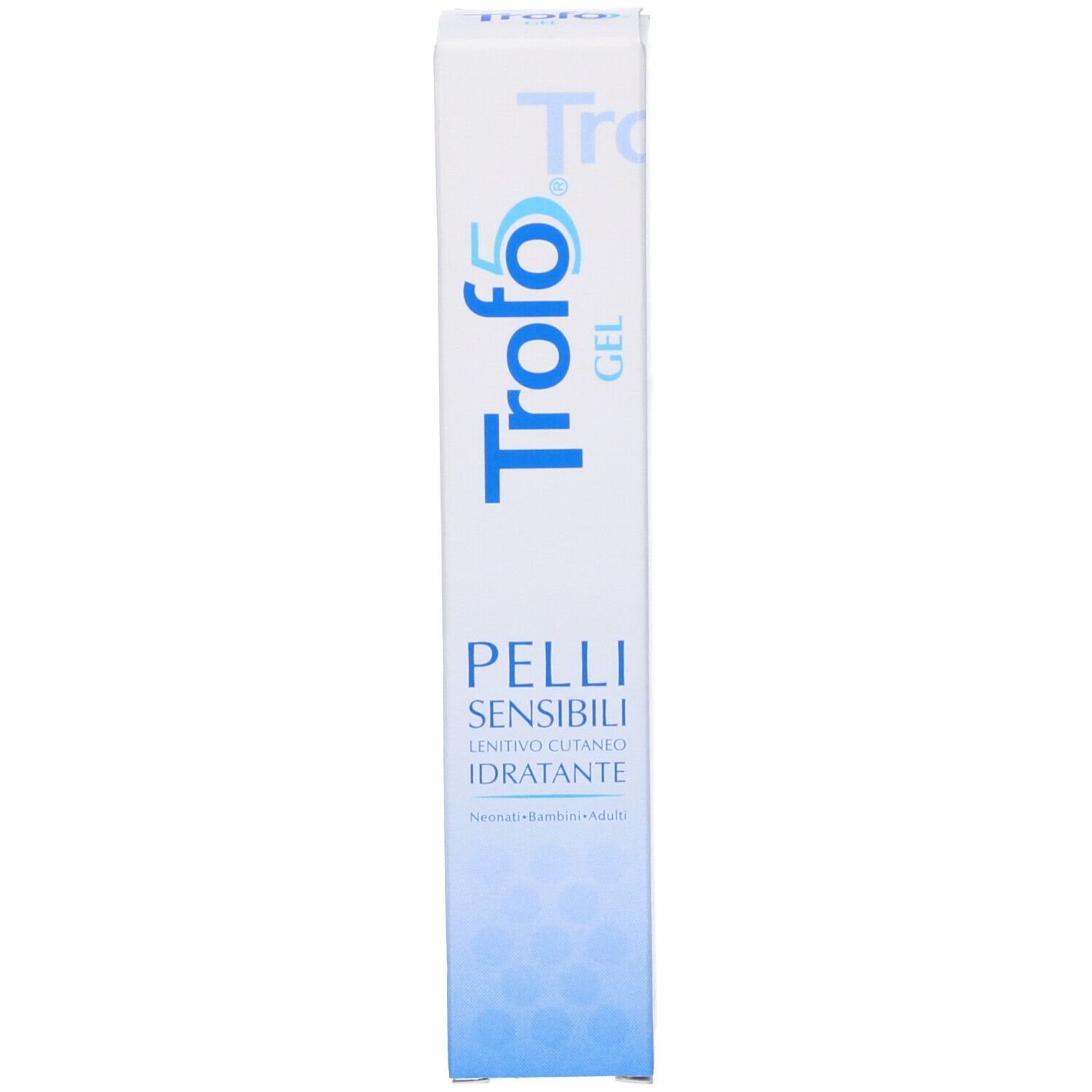 Scatola bianca con testo blu "Trofo5 Gel". Testo: Pelli Sensibili, Lenitivo Cutaneo, Idratante. Per bambini e adulti.