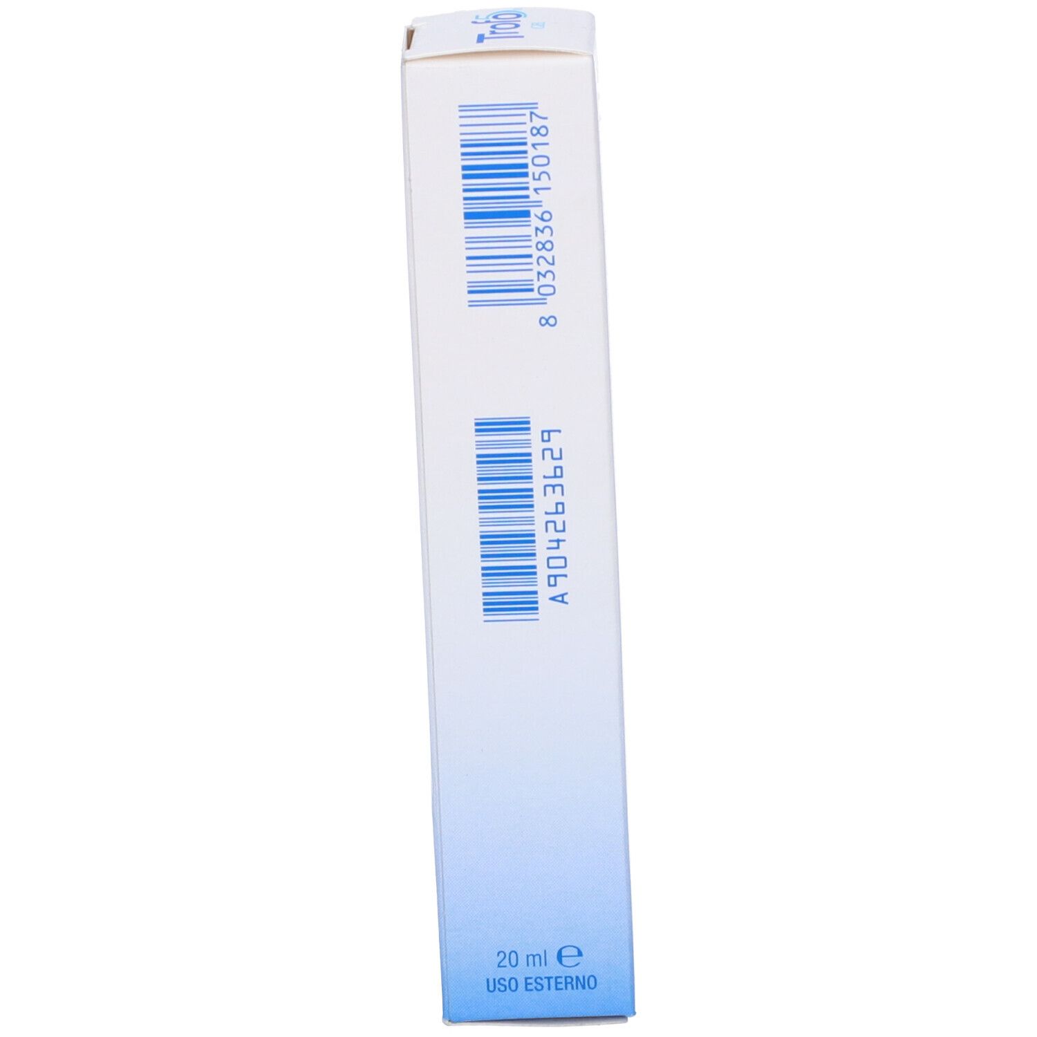 Scatola bianca con sfumatura blu. Codice a barre e informazioni sul prodotto. Testo: Uso Esterno, 20 ml.