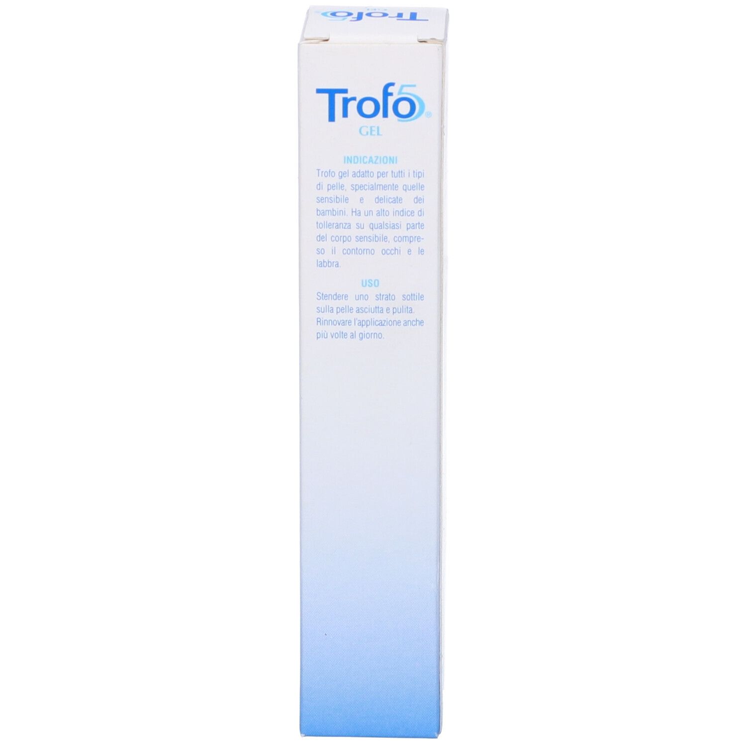 Scatola bianca con sfumatura blu. Testo: Trofo5 Gel, informazioni sul prodotto. Istruzioni per l'uso.