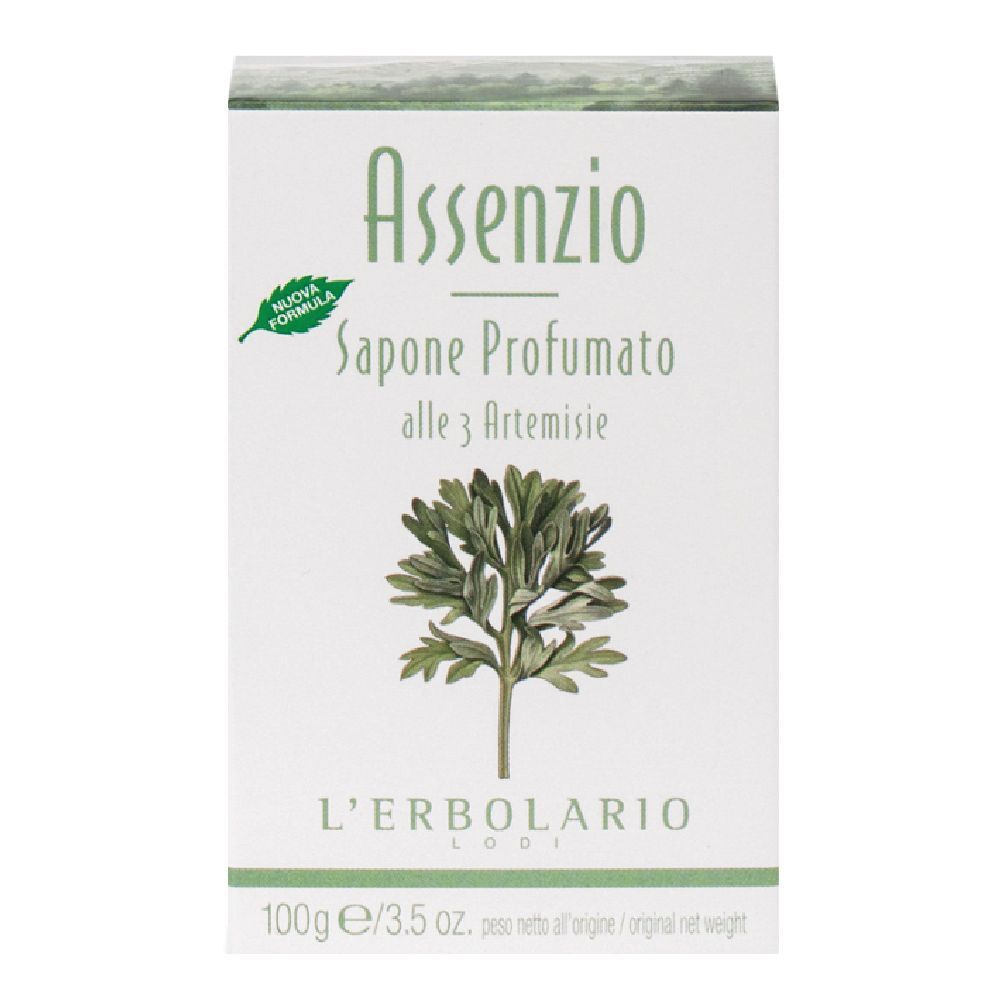 Scatola bianca Assenzio Sapone Profumato. Illustrazione pianta. Logo L'Erbolario. 100g/3.5 oz.
