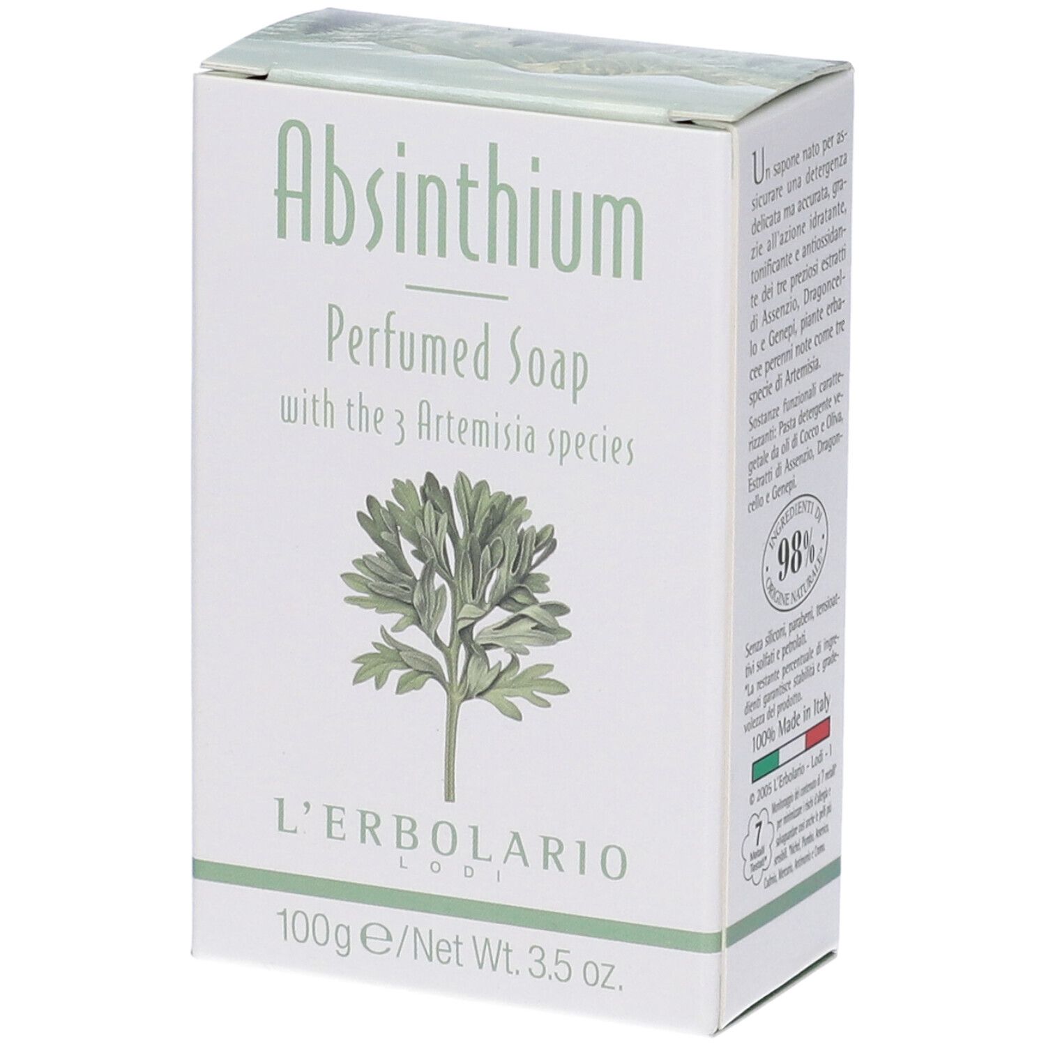 Scatola bianca Absinthium Perfumed Soap. Illustrazione pianta. Logo L'Erbolario. 100g/3.5 oz.