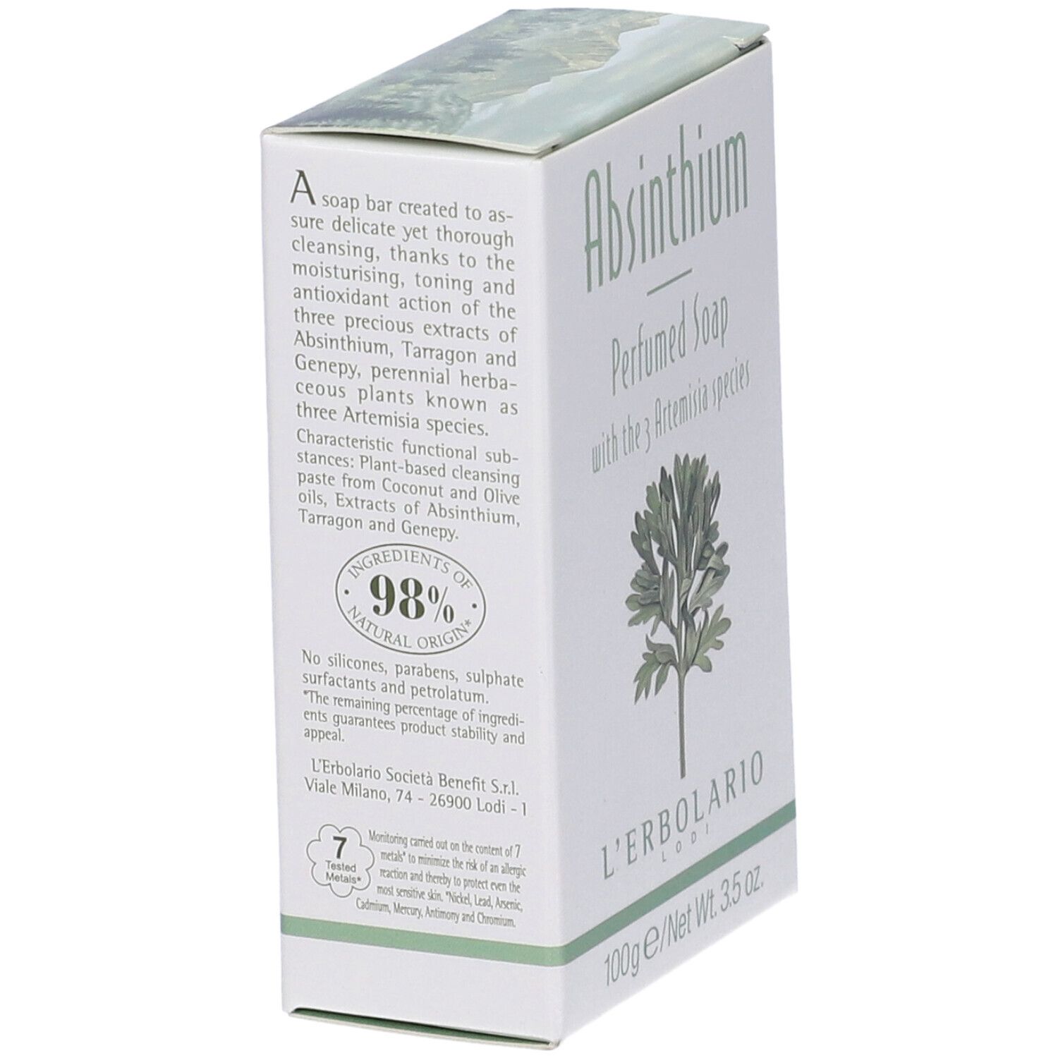 Scatola bianca con testo e illustrazione pianta. Logo L'Erbolario. 98% ingredienti naturali. 100g/3.5 oz.