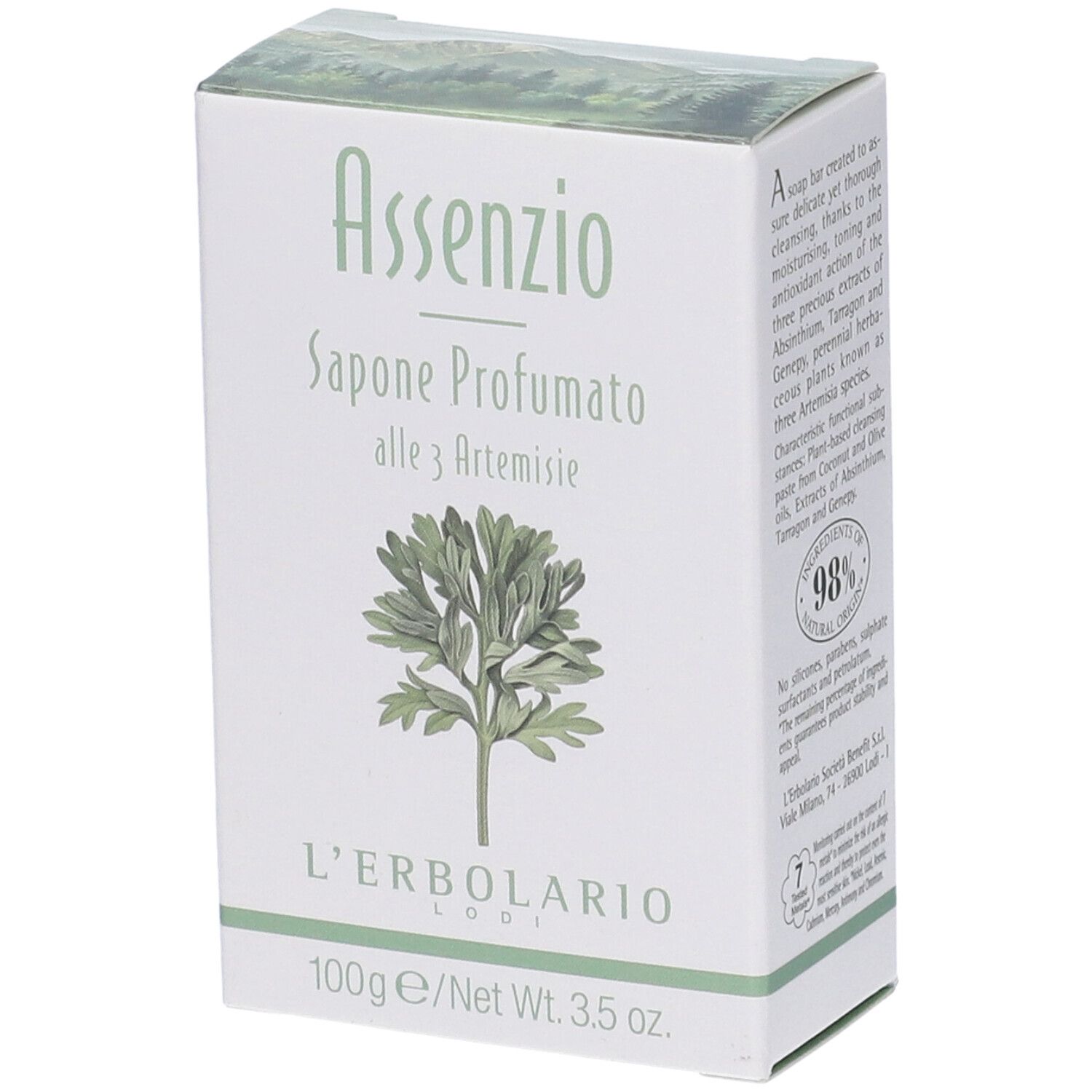 Scatola bianca Assenzio Sapone Profumato. Illustrazione pianta. Logo L'Erbolario. 100g/3.5 oz.