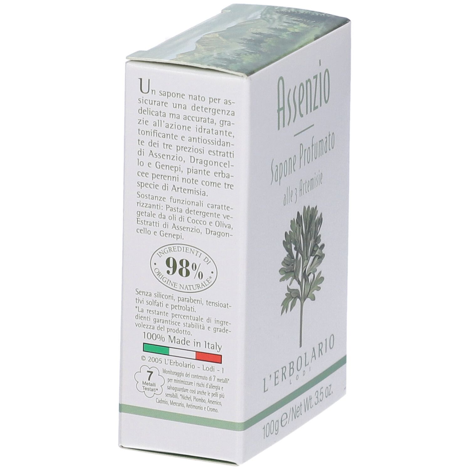 Scatola bianca con testo e illustrazione pianta. Logo L'Erbolario. 98% ingredienti naturali. 100g/3.5 oz.