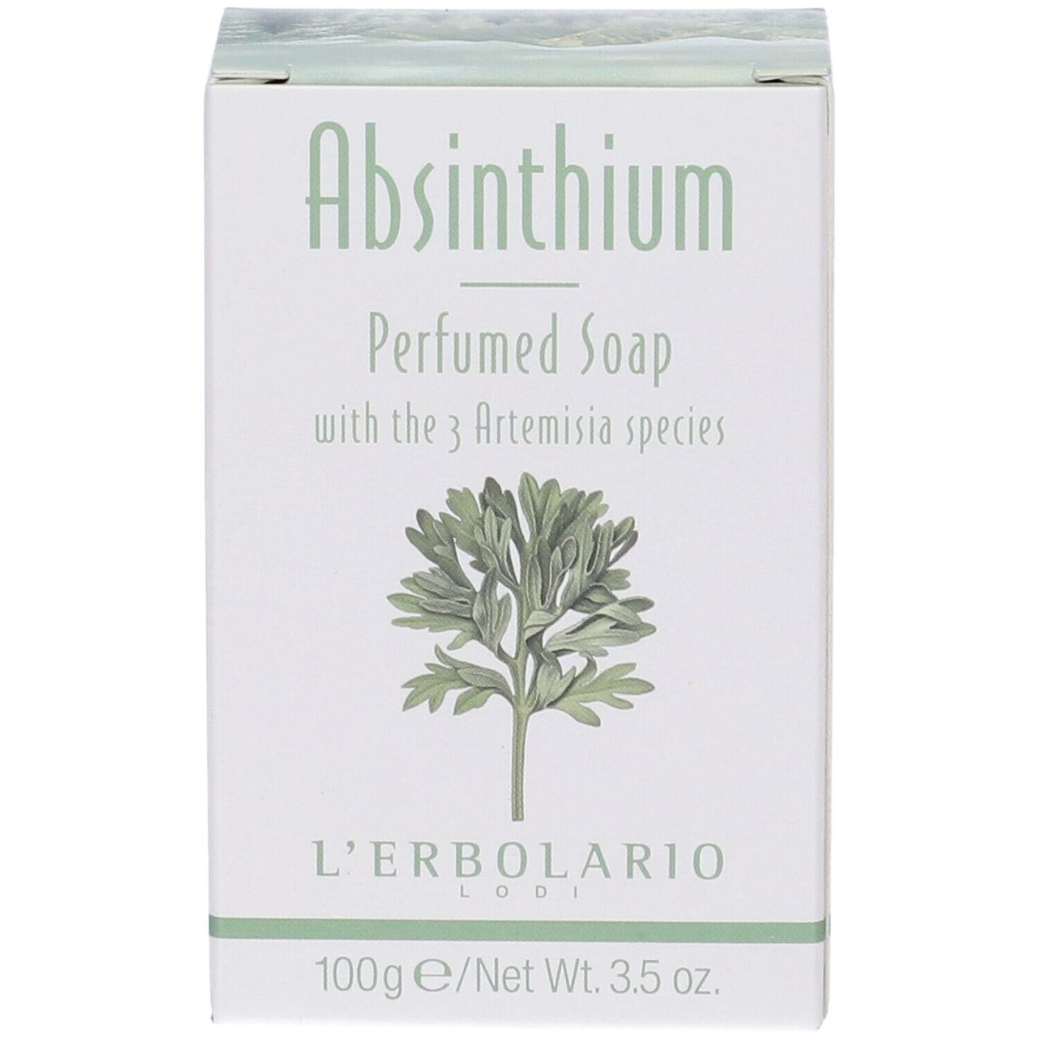 Scatola bianca Absinthium Perfumed Soap. Illustrazione pianta. Logo L'Erbolario. 100g/3.5 oz.