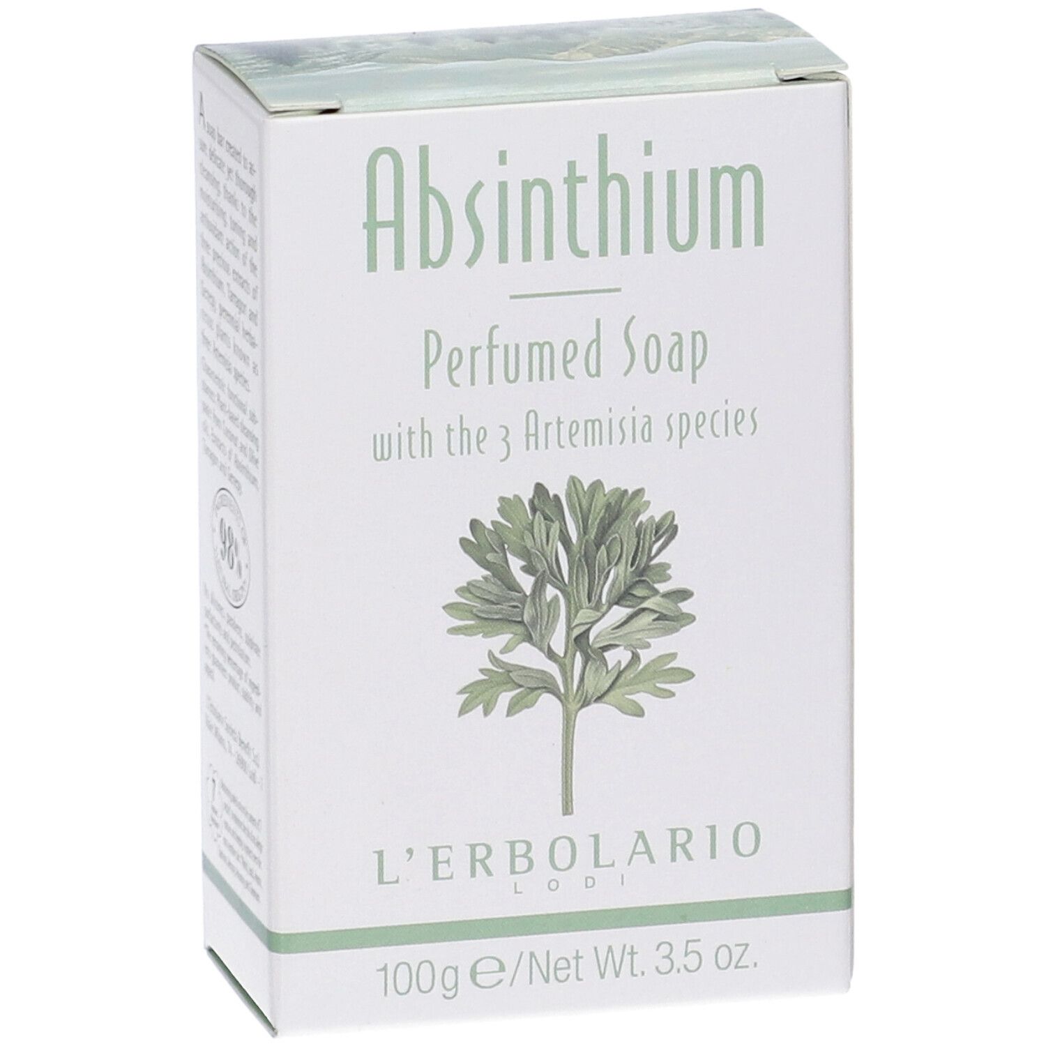 Scatola bianca Absinthium Perfumed Soap. Illustrazione pianta. Logo L'Erbolario. 100g/3.5 oz.