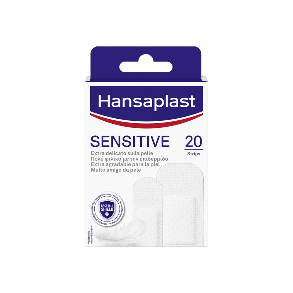 Hansaplast Sensitive Pflasterpackung. 20 Pflaster in zwei Größen. Weiße Verpackung mit blauem Akzent.