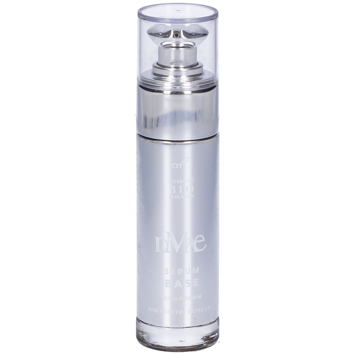 Flacone argentato con testa a pompa. Scritta: Dmae Serum Base.