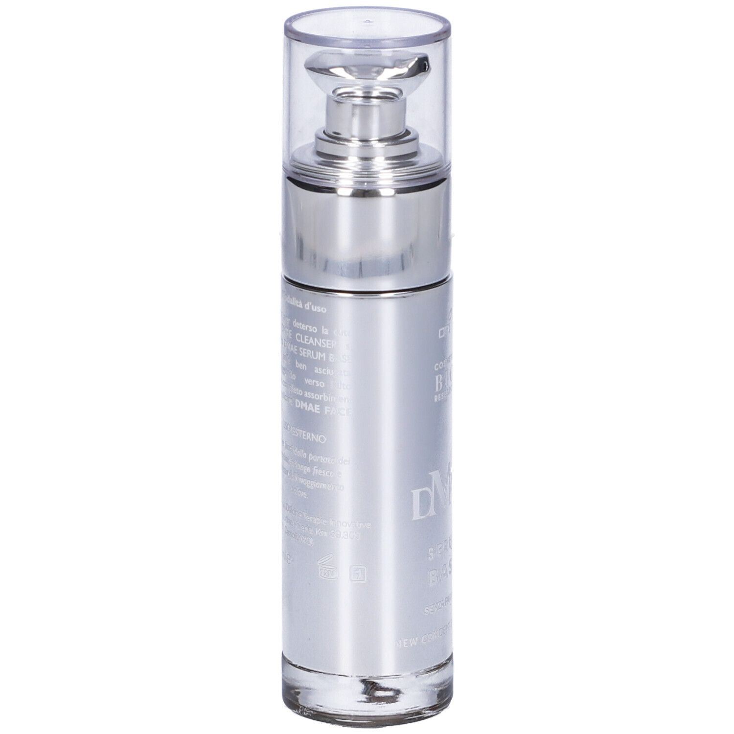 Flacone argentato con testa a pompa. Scritta: Dmae Serum Base.
