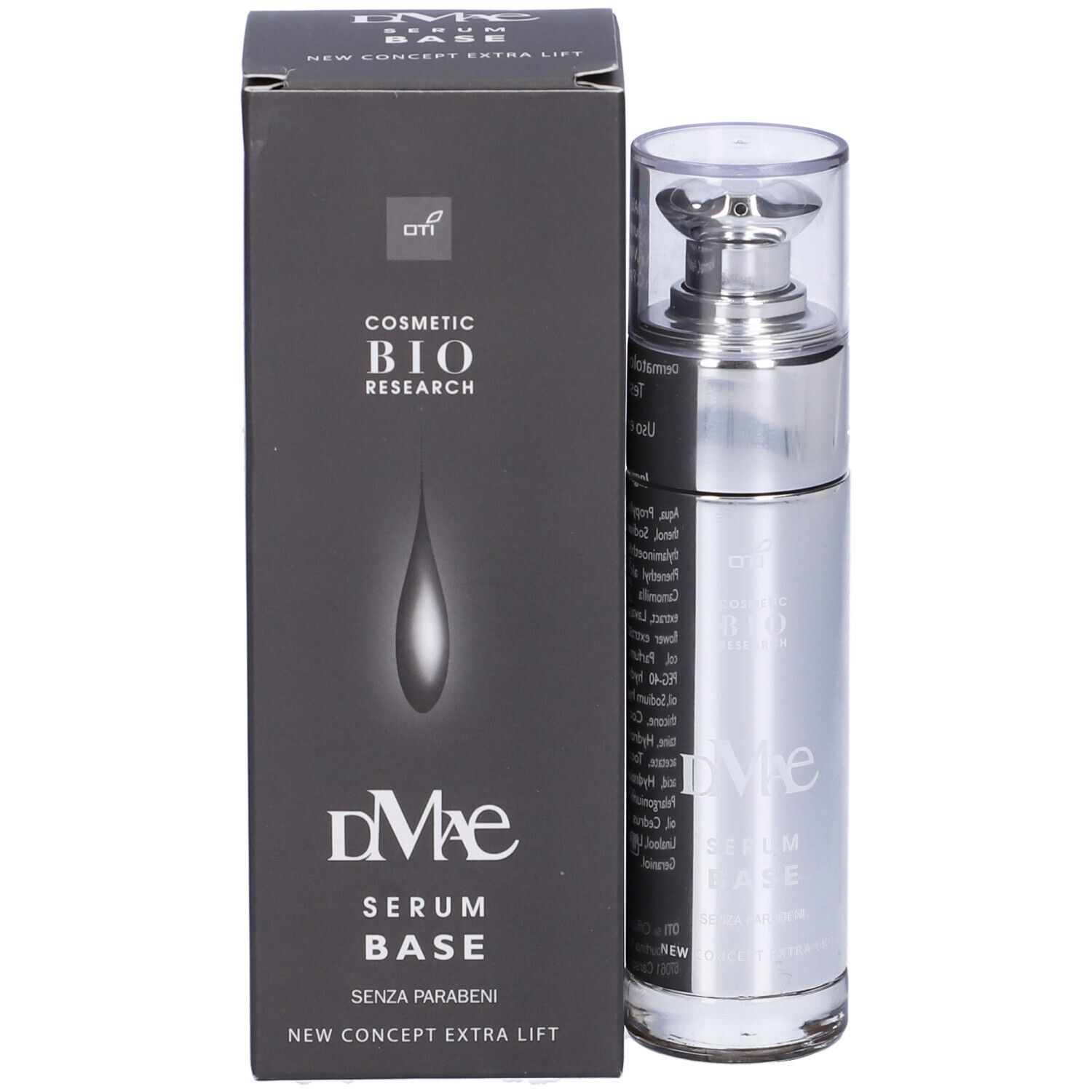 Flacone e scatola del prodotto. Scritta: Dmae Serum Base.