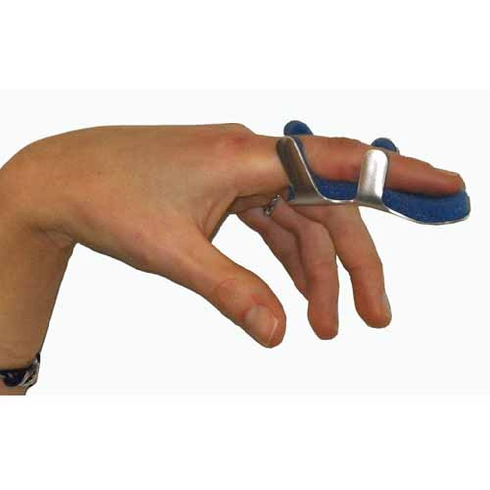 Tutore per dito in metallo e schiuma blu, applicato su un dito.