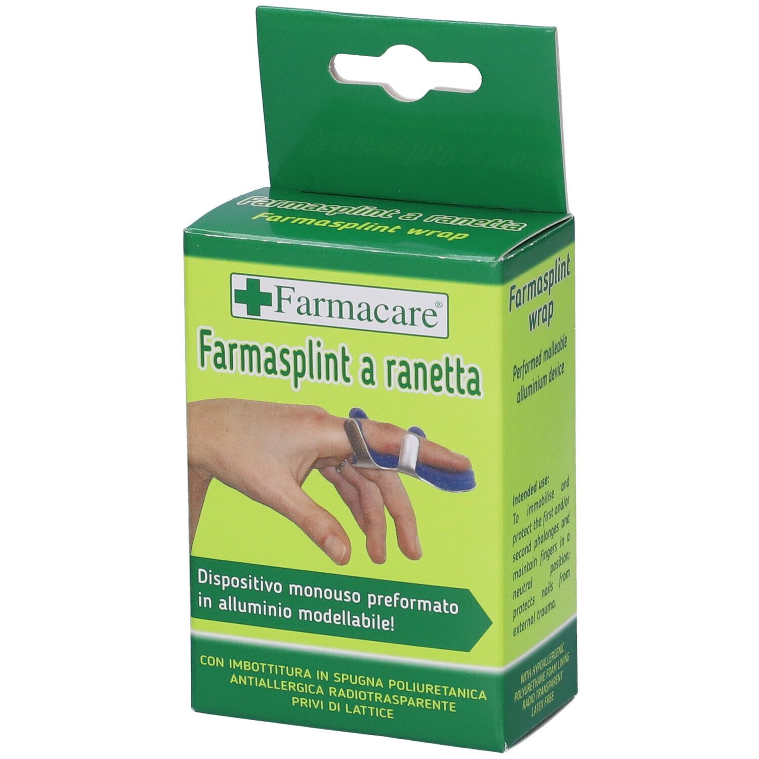 Confezione con tutore per dito. Scritta: Farmasplint a ranetta, immagine del prodotto.