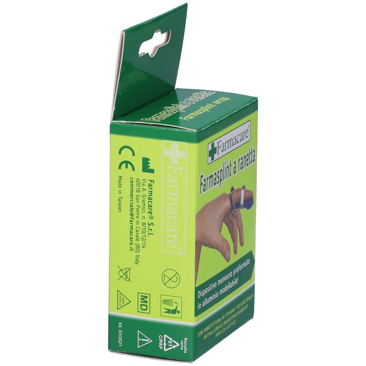 Confezione, vista laterale. Scritta: Farmasplint a ranetta, marchio CE, simbolo MD.